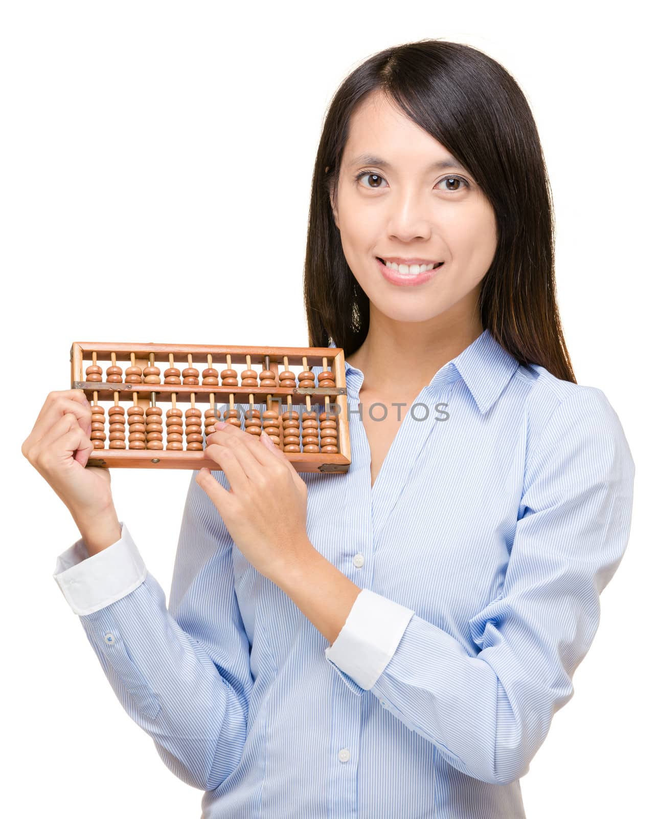 Asian woman holding abacus by leungchopan