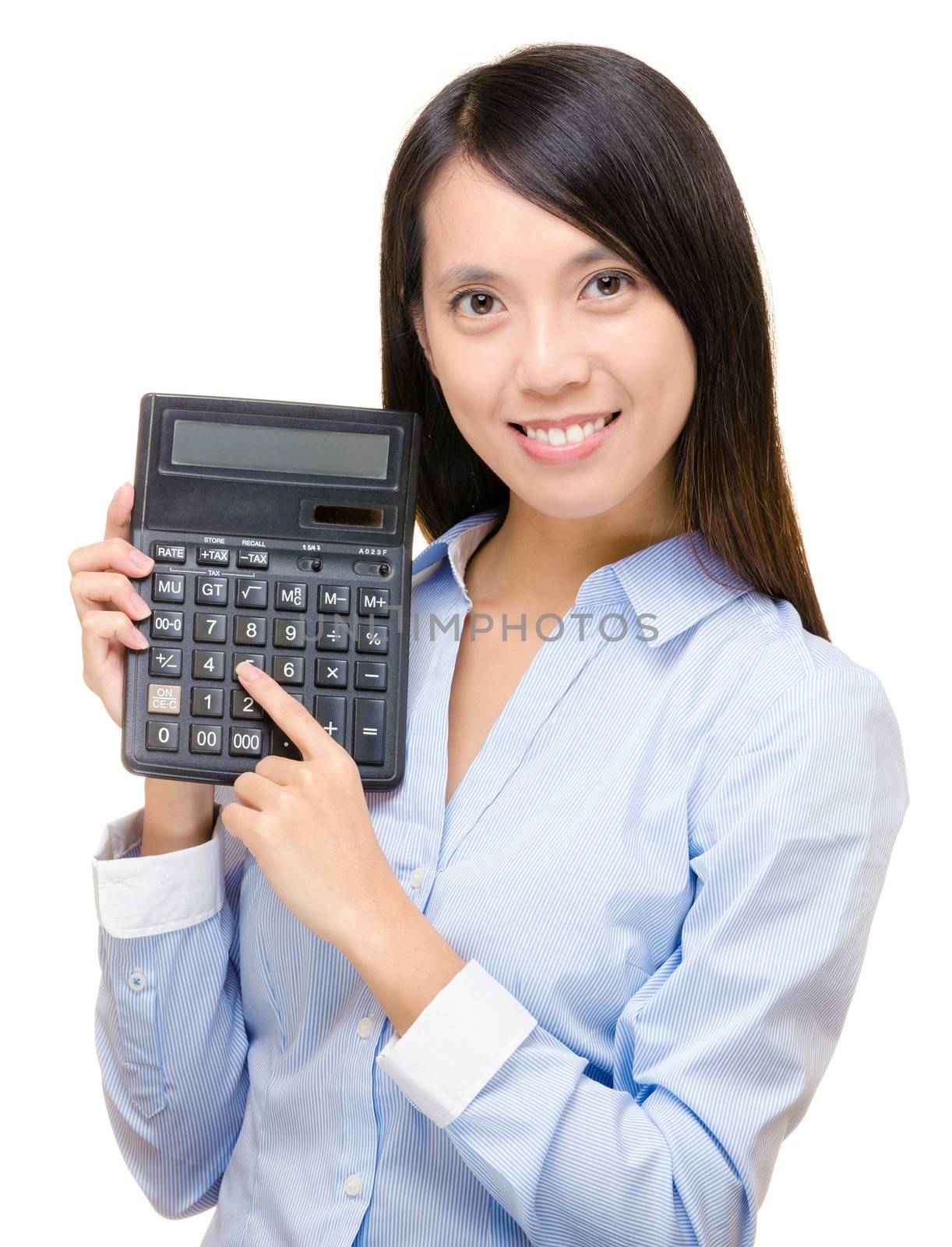 Asian woman press the calculator by leungchopan