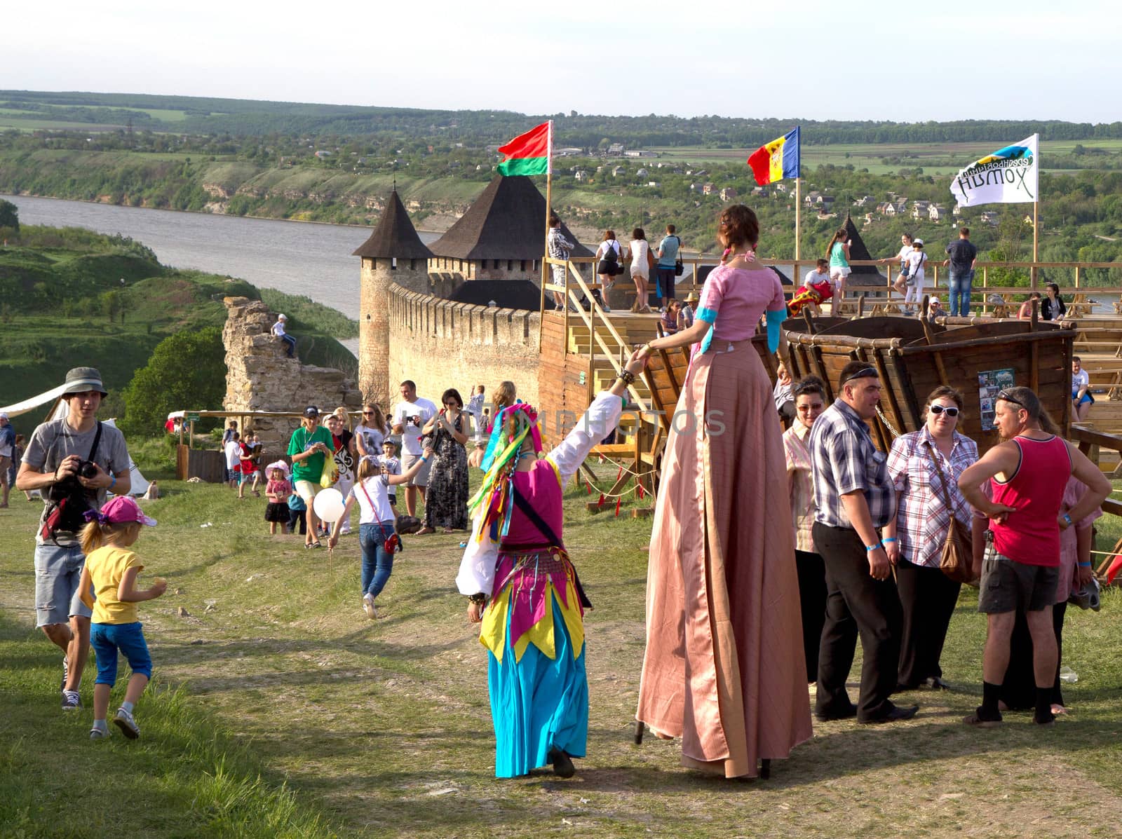 KHOTYN - MAY 10: Unidentified stilt girls during Festival Medieval Khotyn on May 10, Ukraine