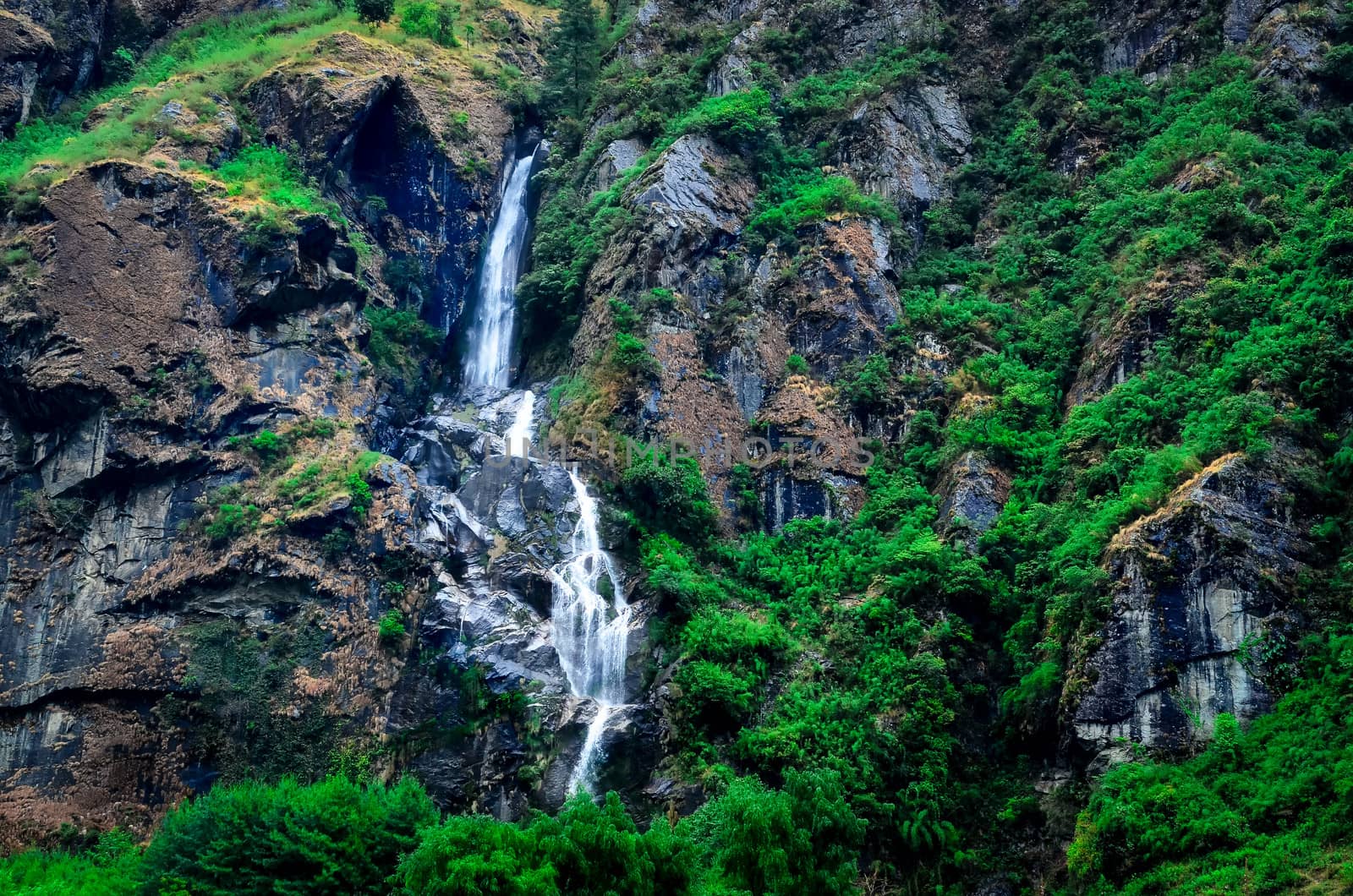 Tropical mountain landscape waterfall, Himalayas area, Nepal