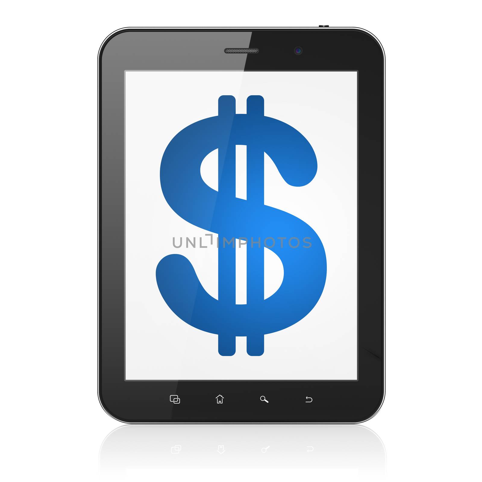 Currency concept: black tablet pc computer with Dollar icon on display. Modern portable touch pad on White background, 3d render