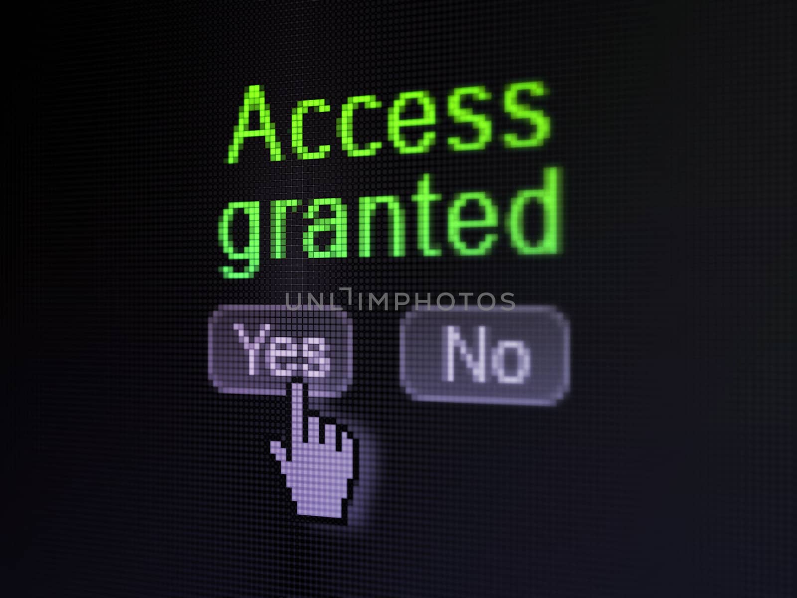 Security concept: buttons yes and no with pixelated word Access Granted and Hand cursor on digital computer screen, selected focus 3d render