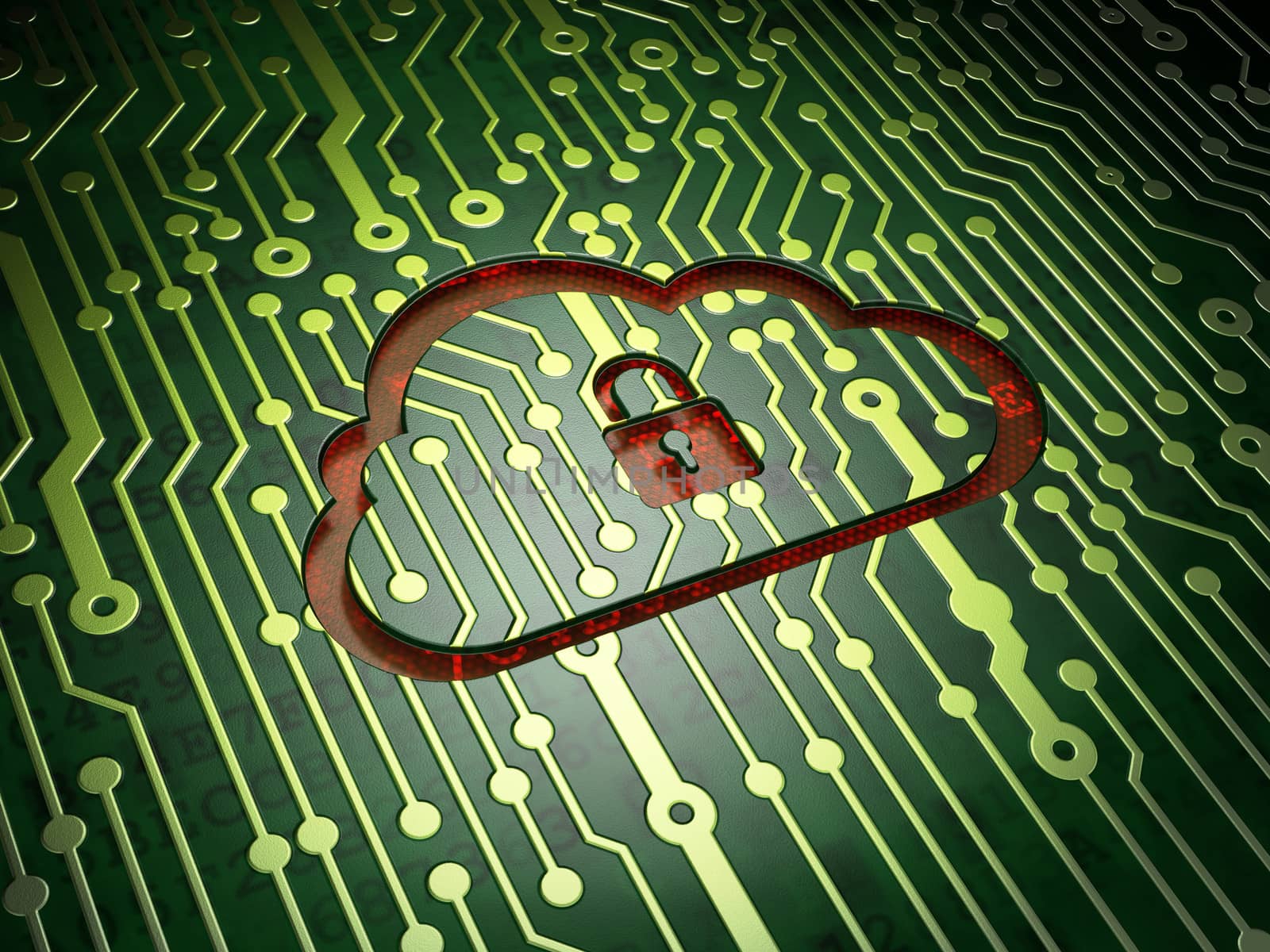 Cloud computing concept: circuit board with Cloud With Padlock icon, 3d render