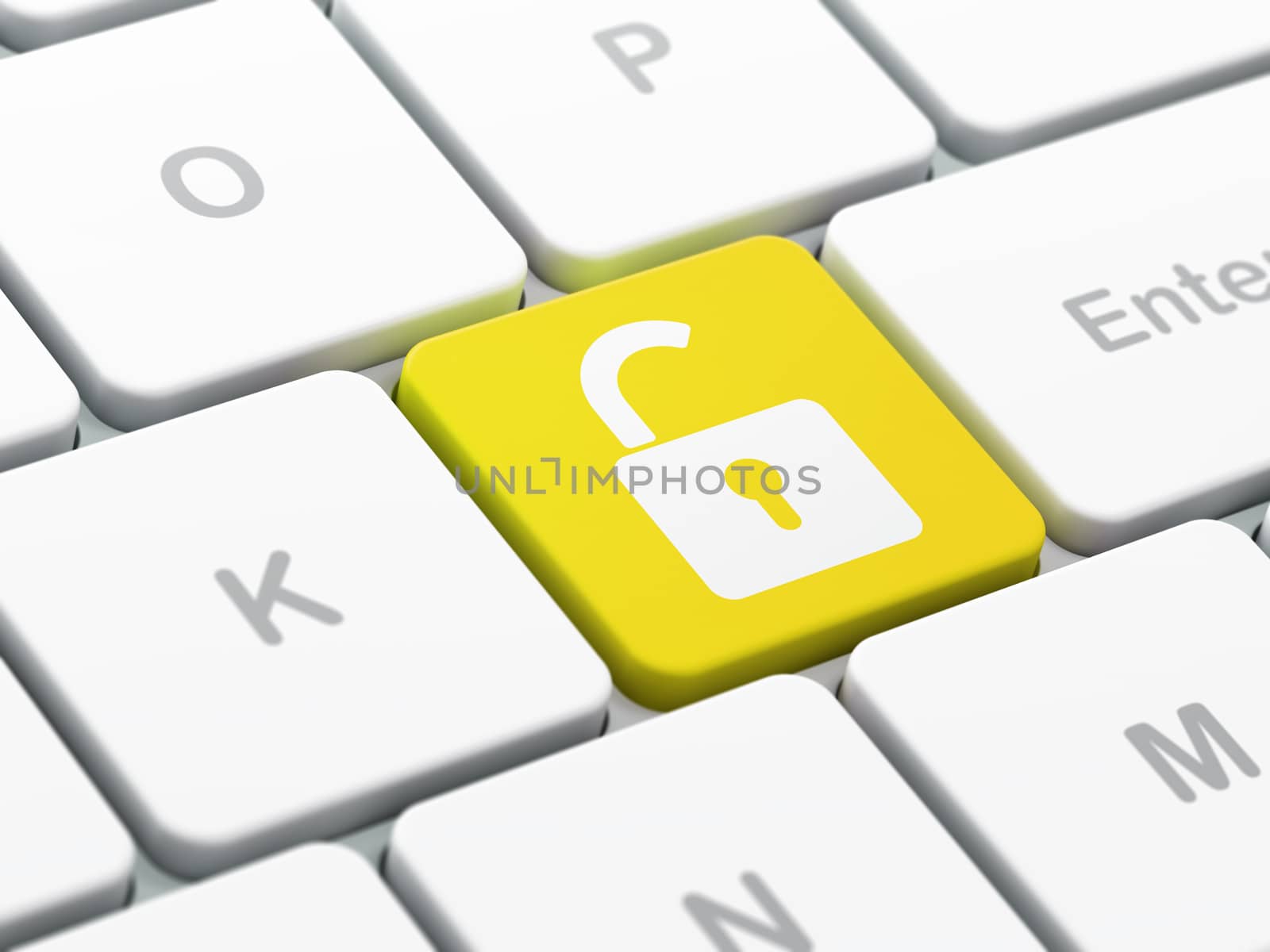 Protection concept: computer keyboard with Opened Padlock icon on enter button background, selected focus, 3d render