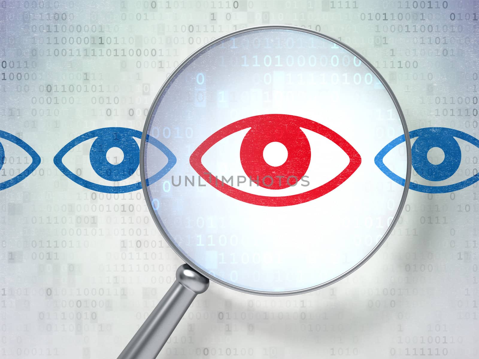 Protection concept: magnifying optical glass with Eye icons on digital background, 3d render