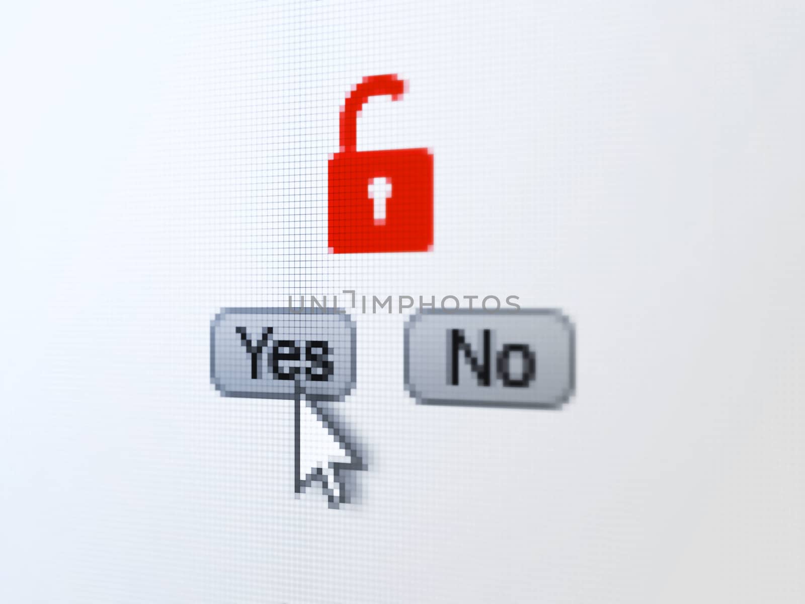 Data concept: buttons yes and no with pixelated Opened Padlock icon and Arrow cursor on digital computer screen, selected focus 3d render