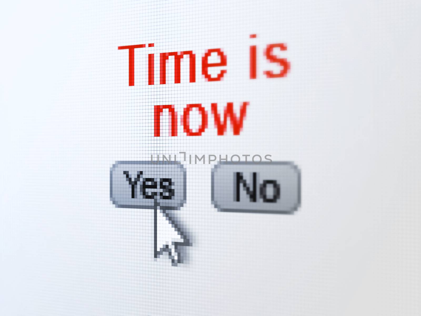 Time concept: buttons yes and no with pixelated word Time is Now and Arrow cursor on digital computer screen, selected focus 3d render