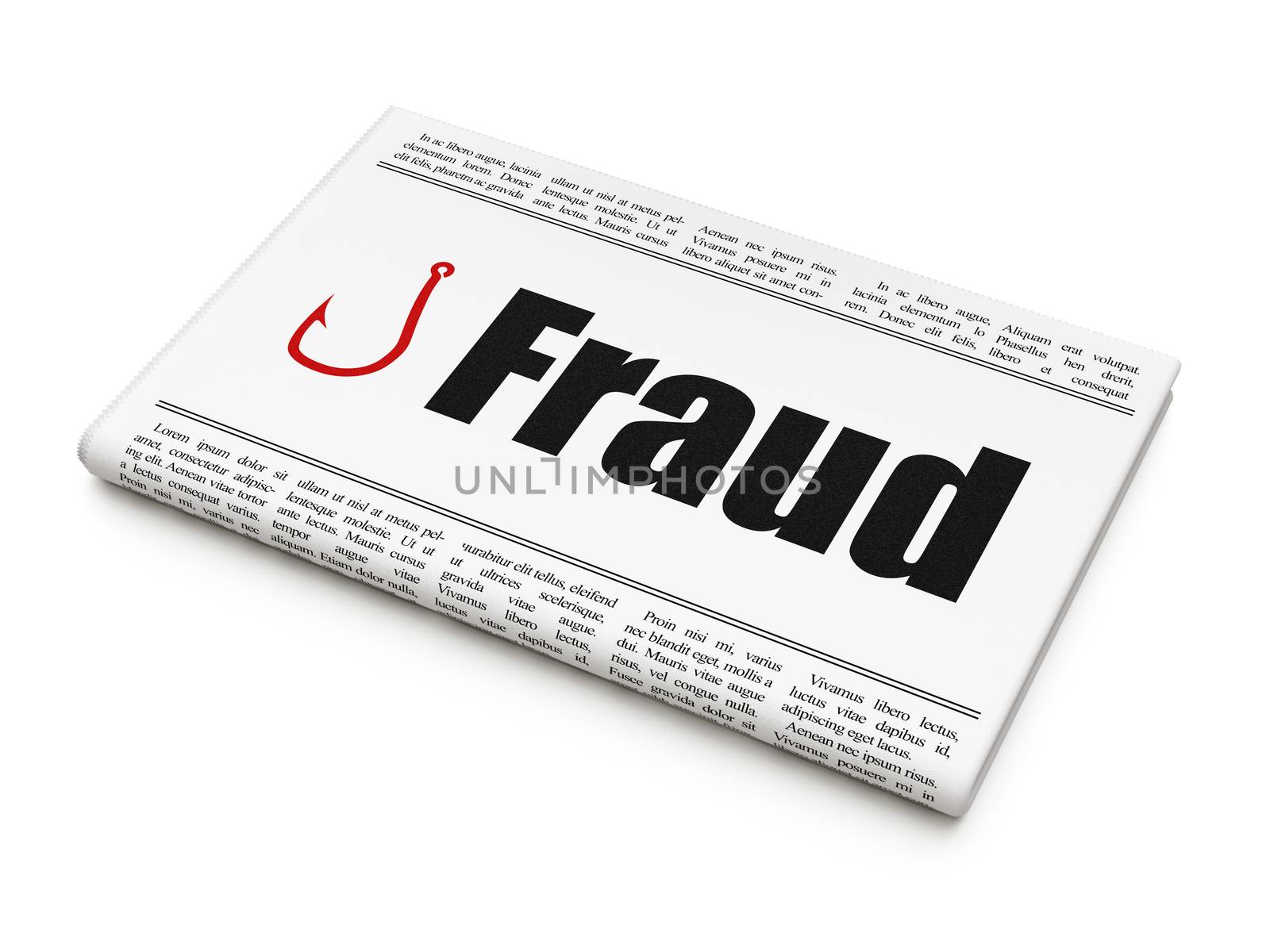 Security news concept: newspaper headline Fraud and Fishing Hook icon on White background, 3d render