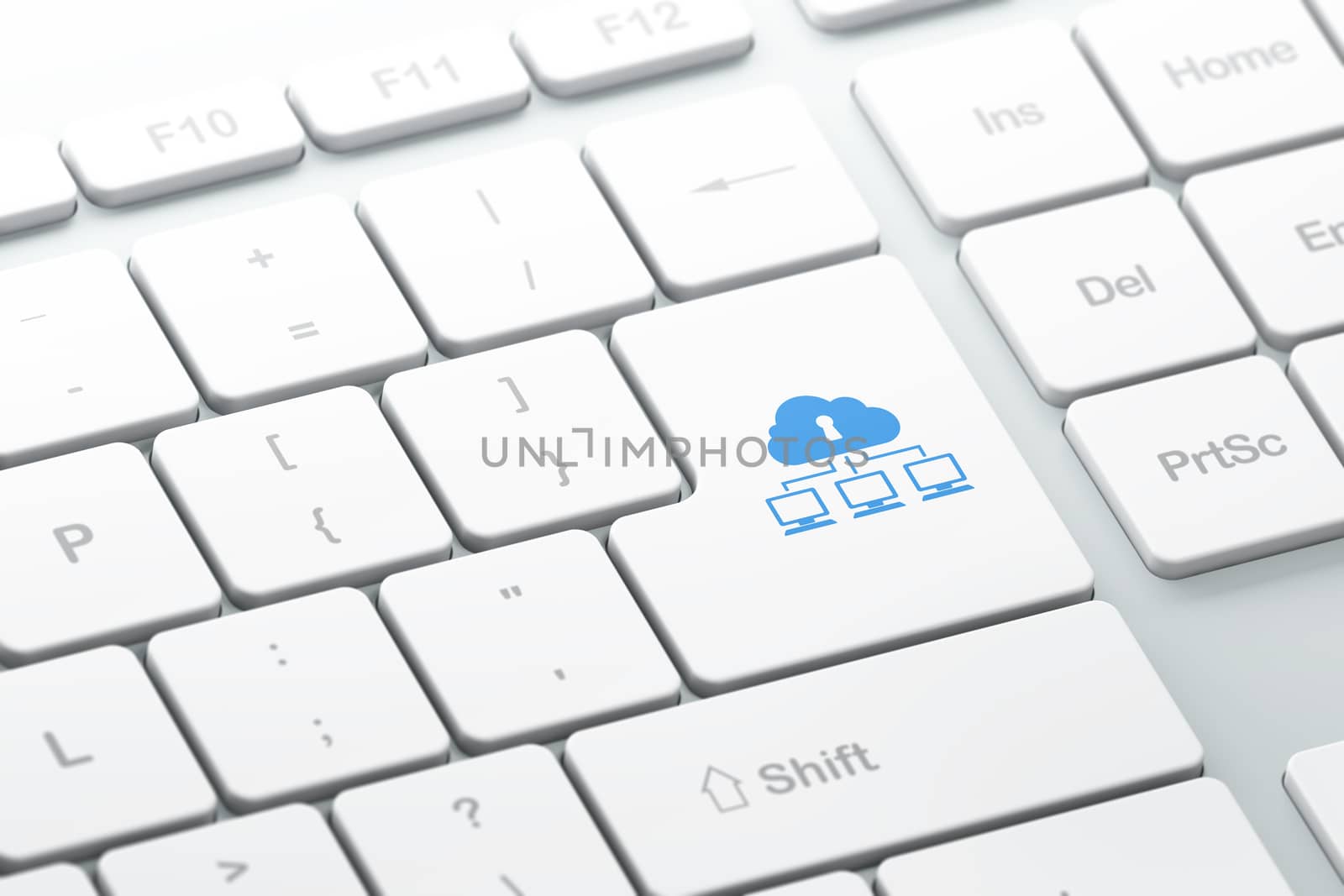 Privacy concept: enter button with Cloud Network on computer keyboard background, 3d render, selected focus