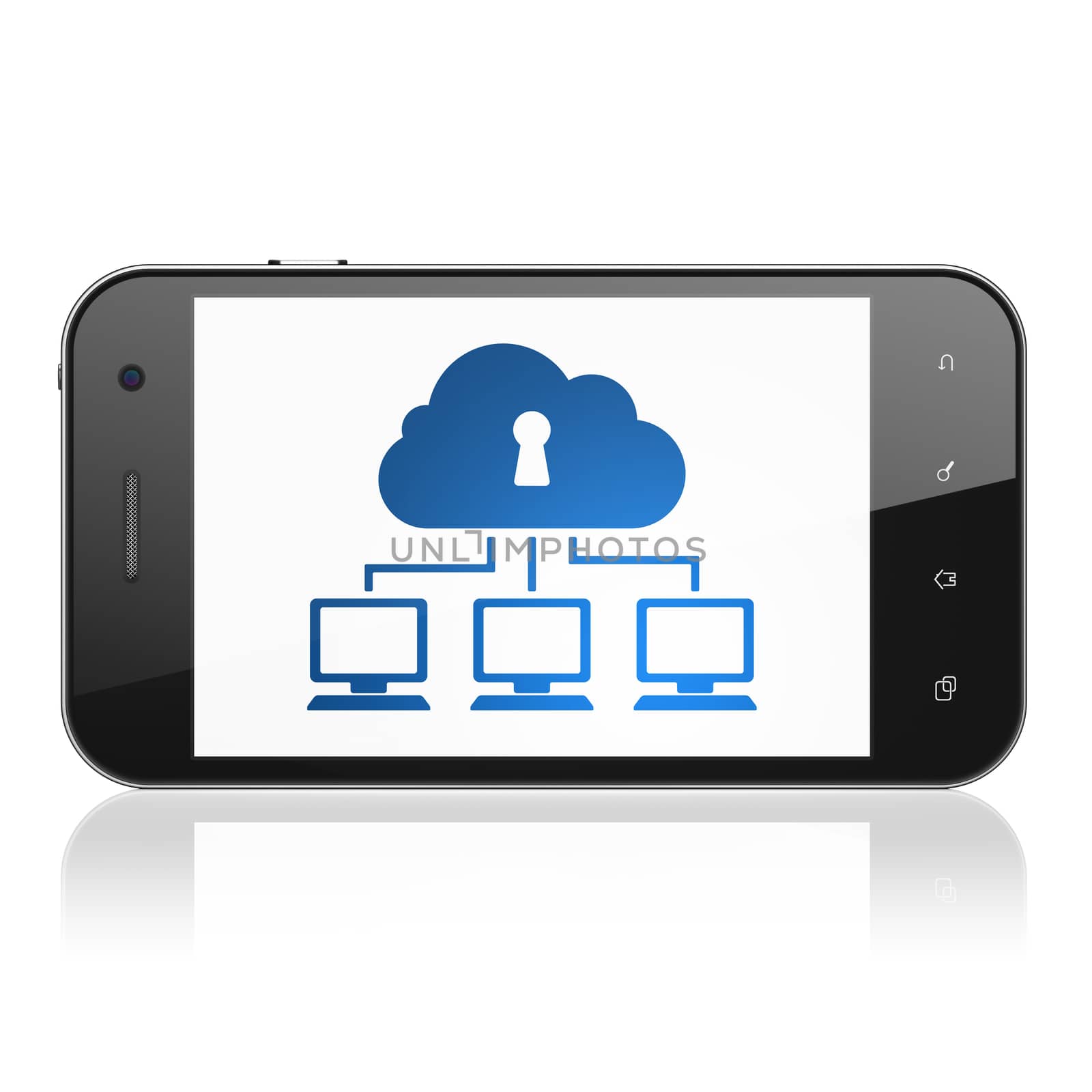 Cloud computing concept: smartphone with Cloud Network icon on display. Mobile smart phone on White background, cell phone 3d render