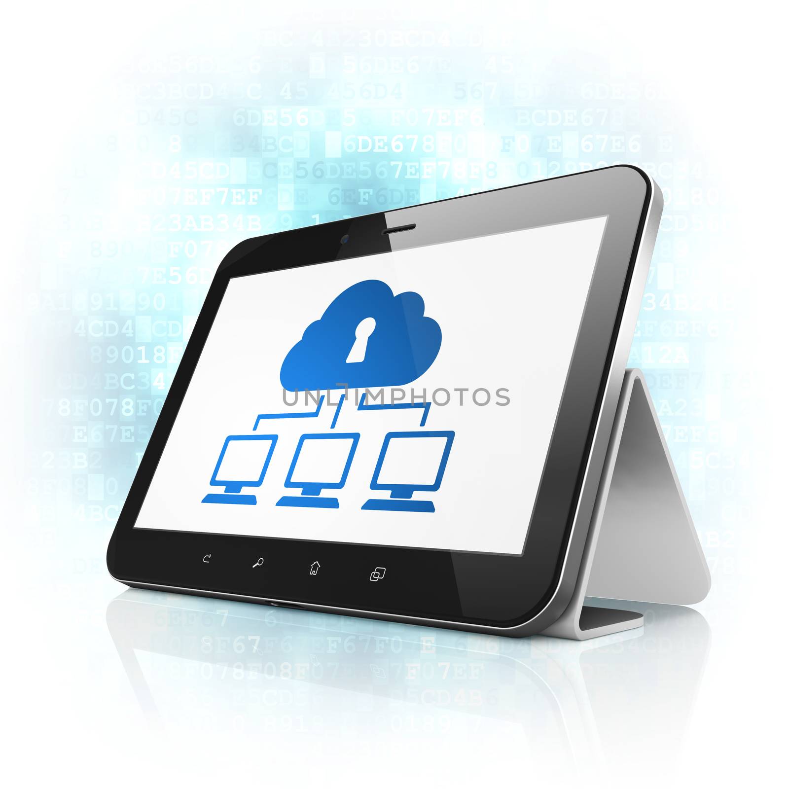 Privacy concept: black tablet pc computer with Cloud Network icon on display. Modern portable touch pad on Blue Digital background, 3d render