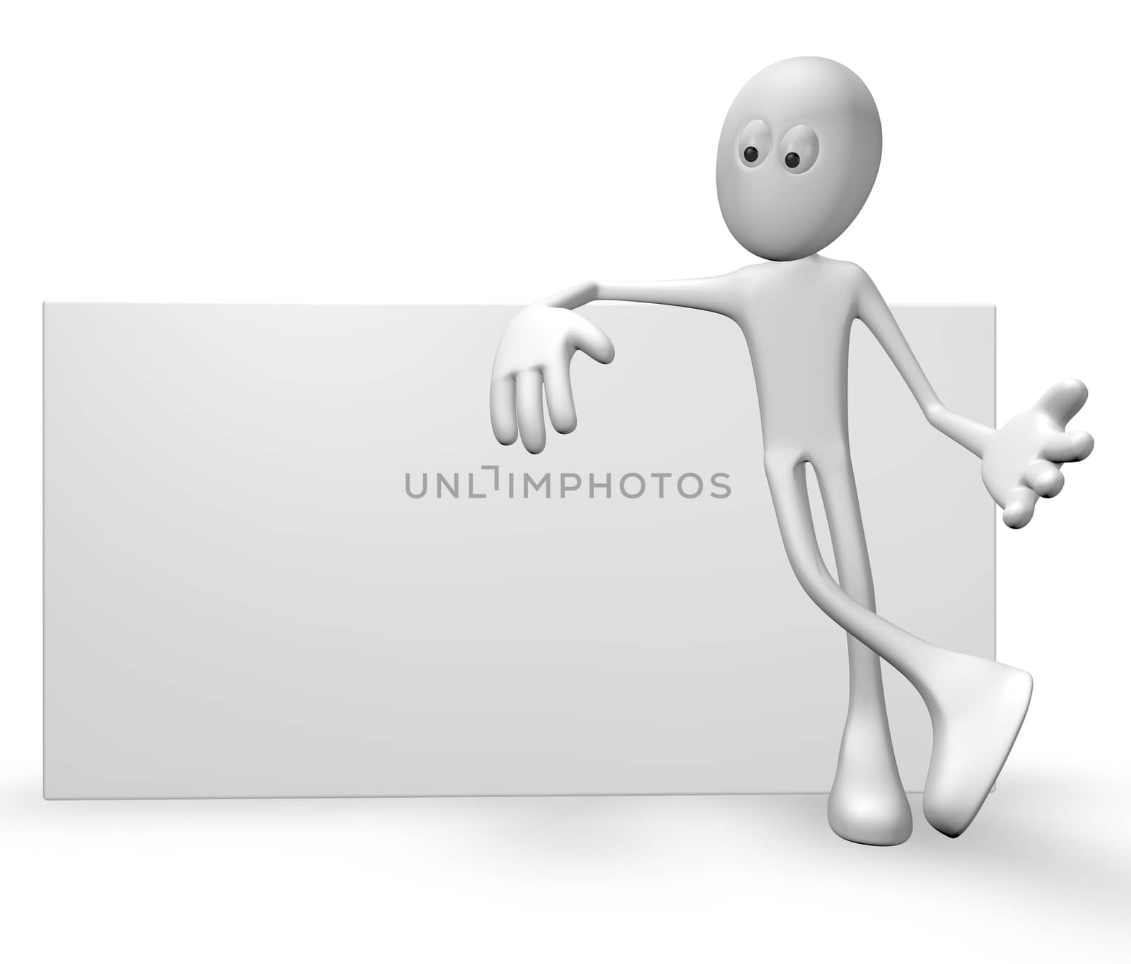 cartoon guy leans on blank white board - 3d illustration