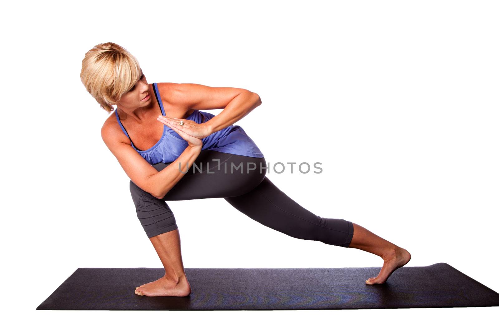Woman doing Revolved Crescent pose during relaxing meditation Yoga exercise for mental health stretch, isolated.