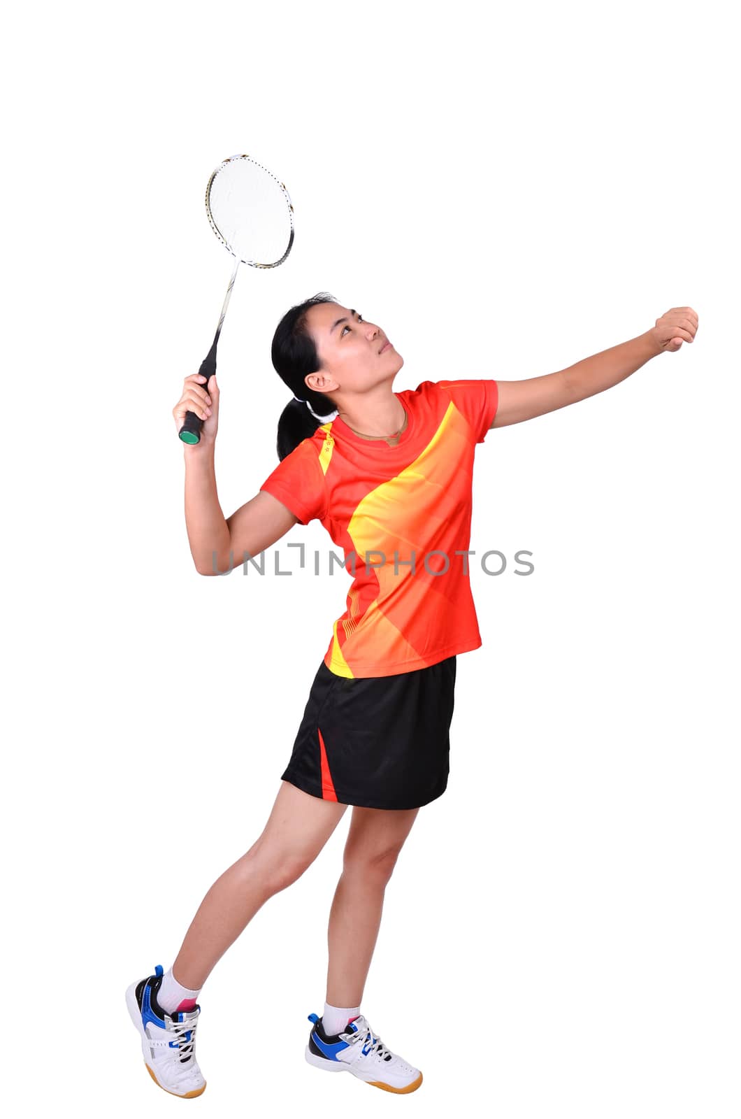 badminton player in action isolated on white background