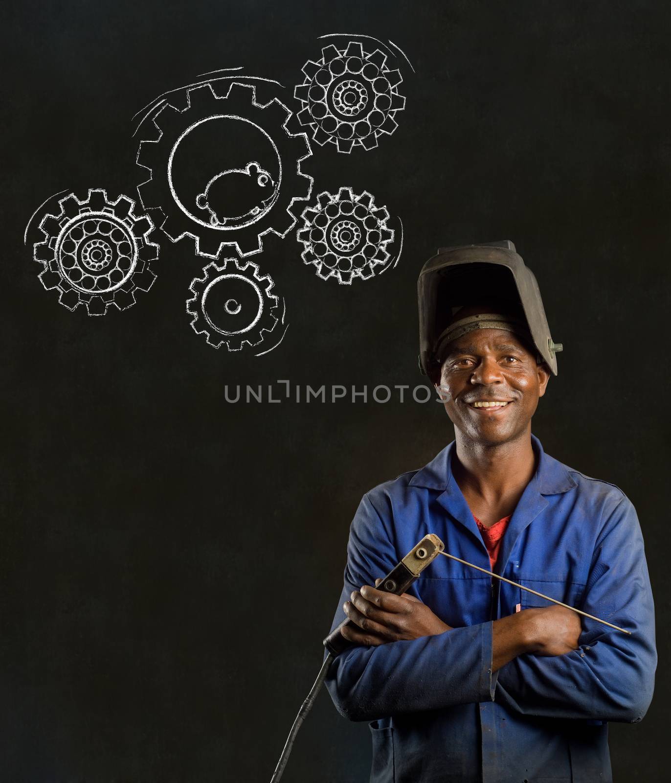 African American black man industrial worker with chalk hamster gears on a blackboard background