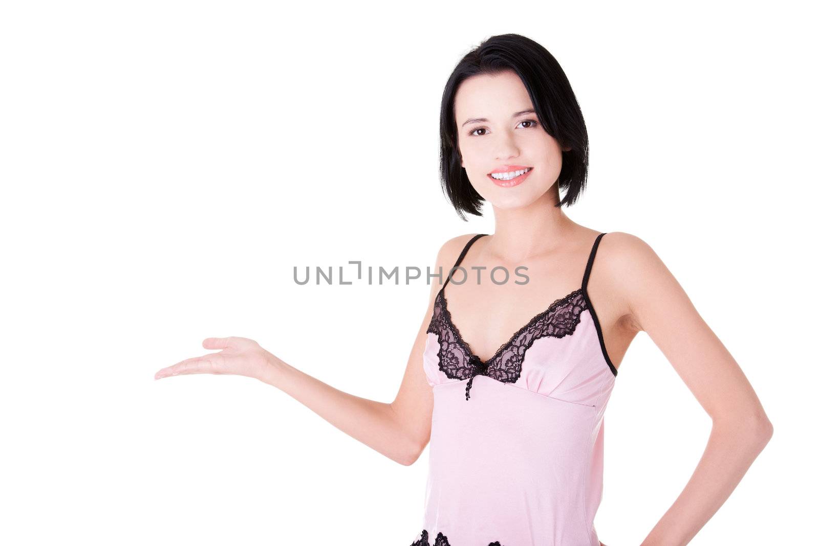 Beautiful slim woman in lingerie presenting copy space. by BDS