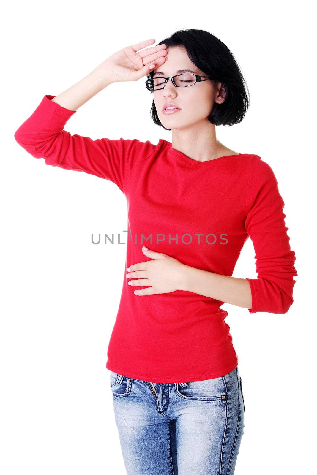 Young sad woman have headache , over white background