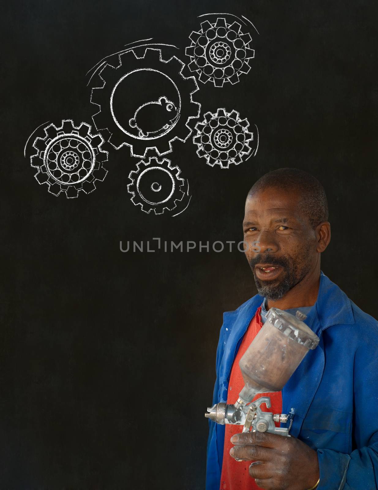 African black man industrial worker with chalk hamster gears blackboard by alistaircotton