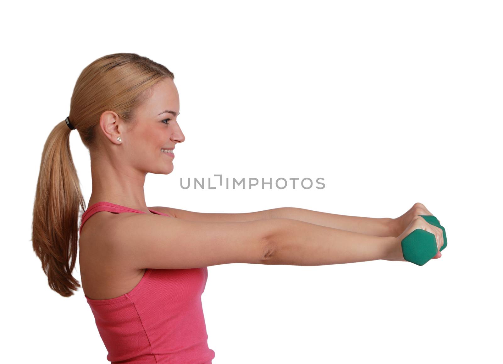Profile of a young blonde woman doing exercise with dumbbells isolated against a white background.
