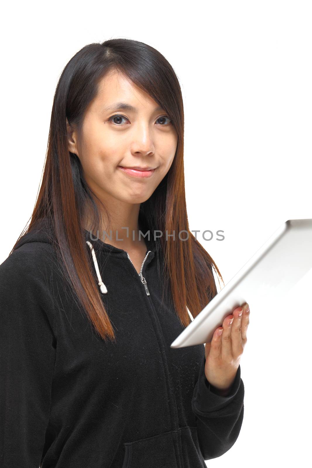 woman with tablet isolated on white background