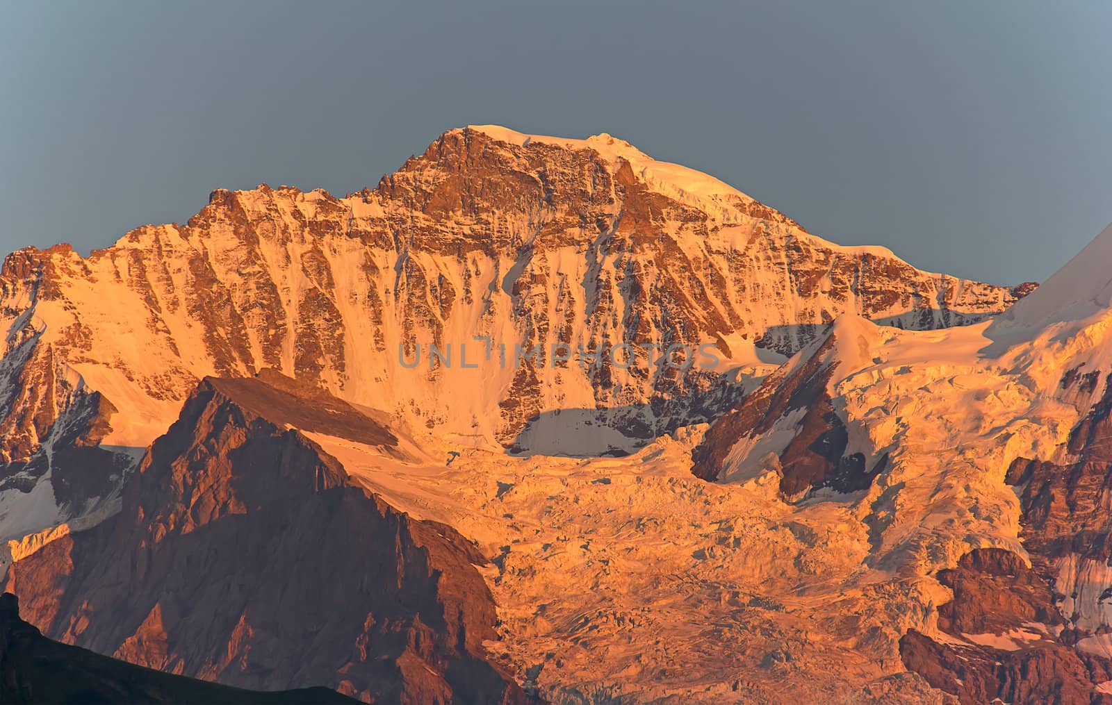 Jungfrau mountain in the swiss alps at the sunset