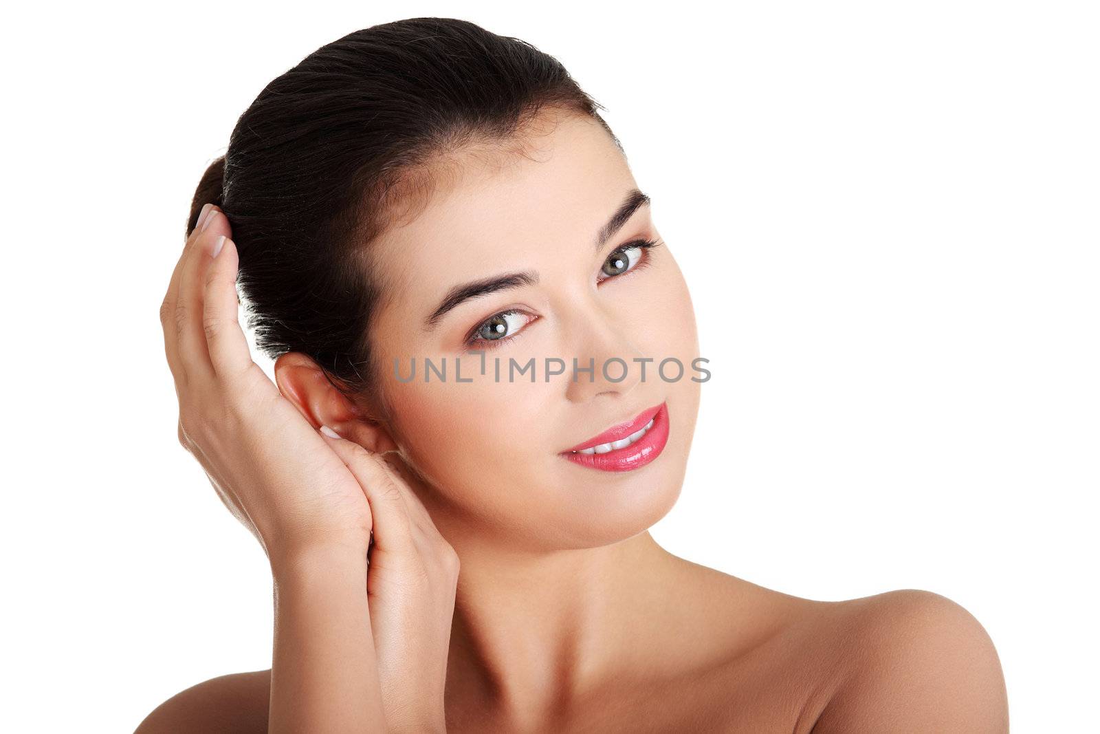 Portrait of a beautiful female model on white background