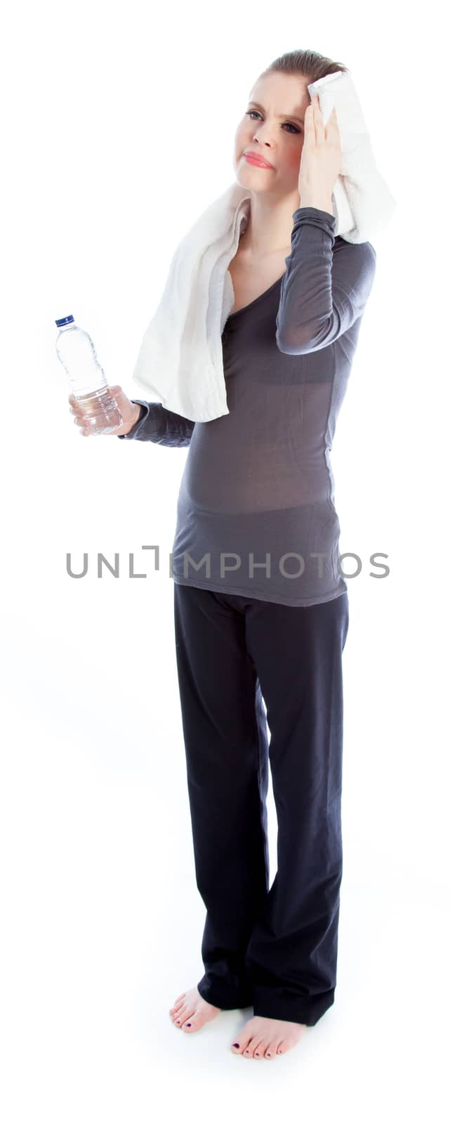 Attractive caucasian woman wearing a sport outfit in her 30 isolated on a white background