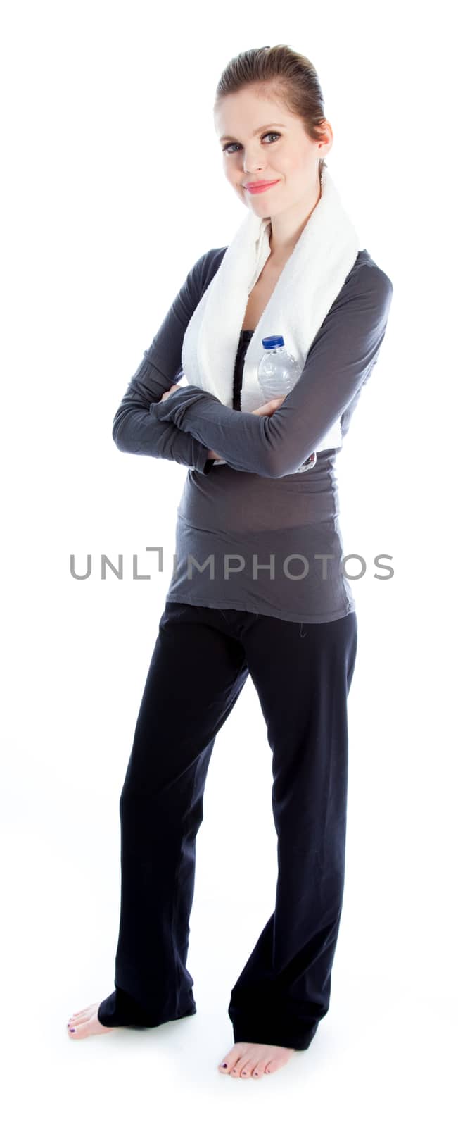 Attractive caucasian woman wearing a sport outfit in her 30 isolated on a white background