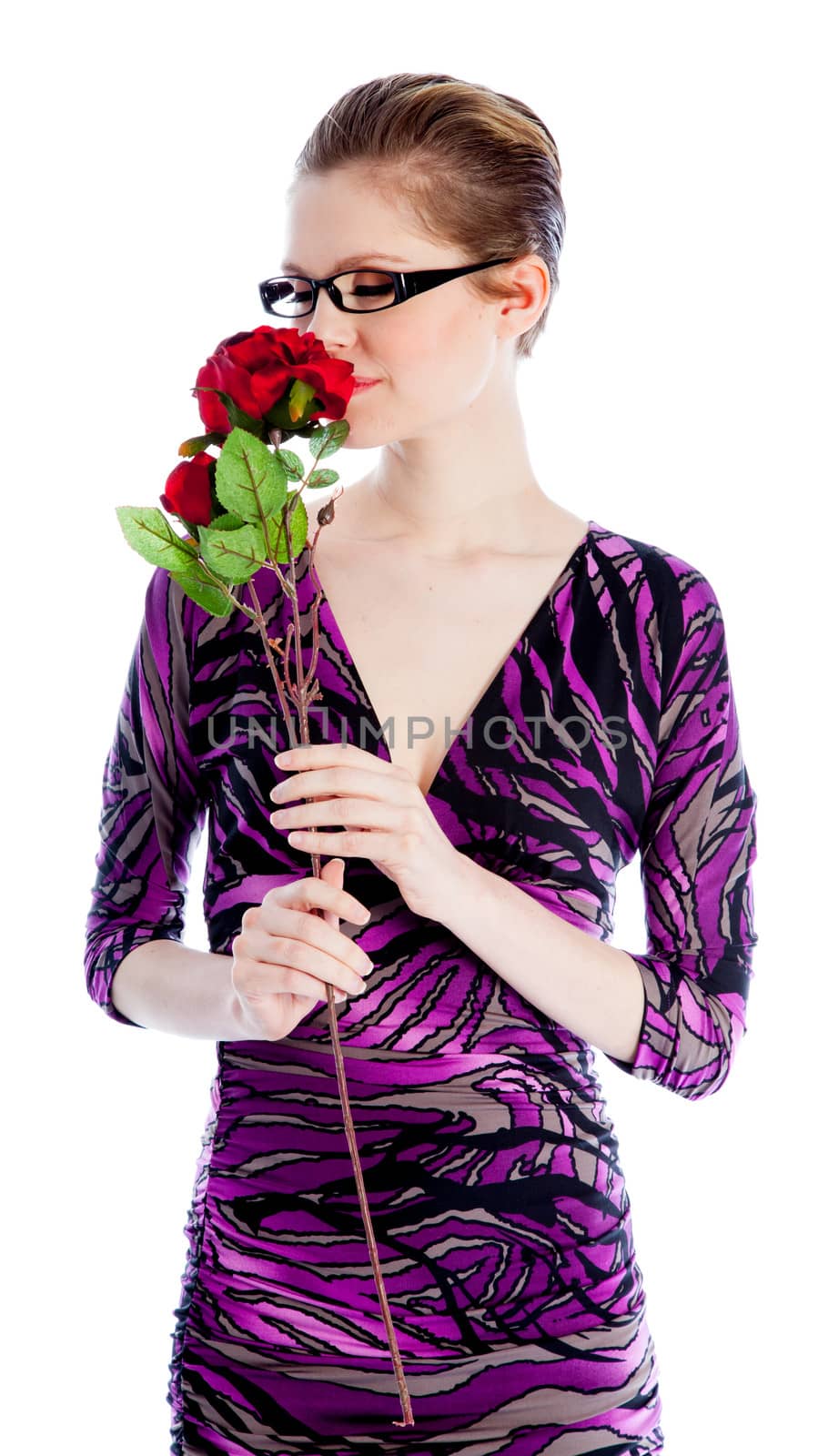 Attractive caucasian woman wearing an evening dress in her 30 isolated on a white background