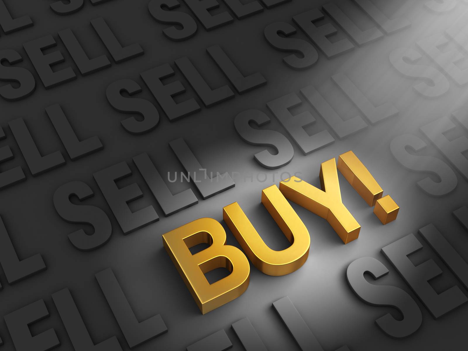 A spotlight illuminates a bright, gold "BUY!" on a dark background of "SELL"s