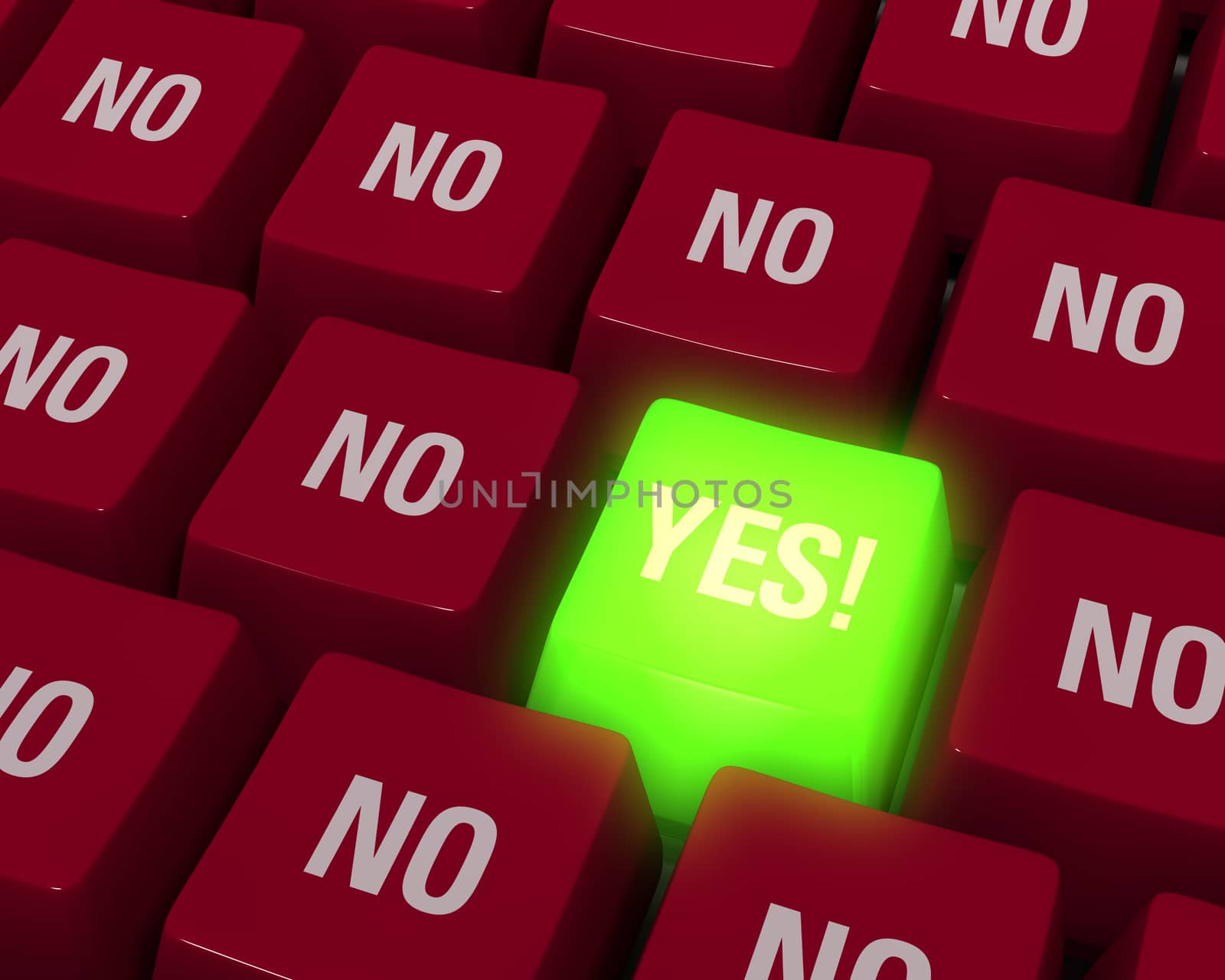 Close up photo-real illustration of red computer keyboard keys surrounding a single green glowing "YES" key.