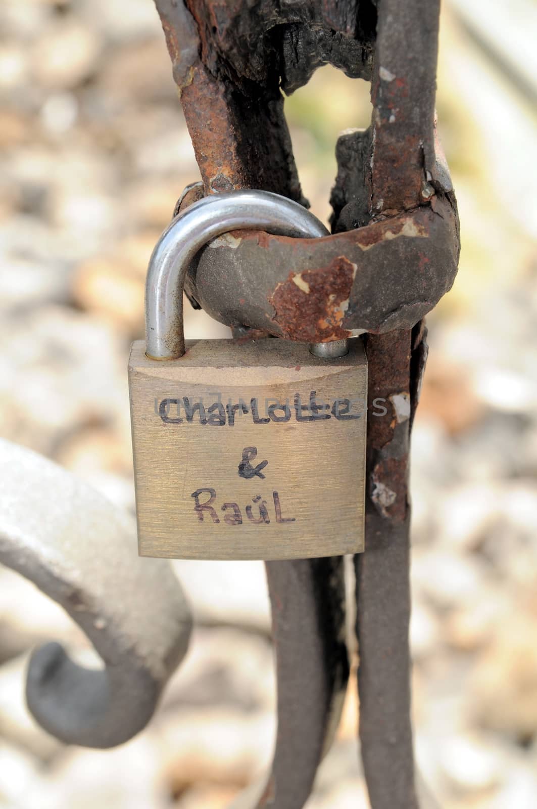 A Colored Metal Lover's Lock on a Bridge