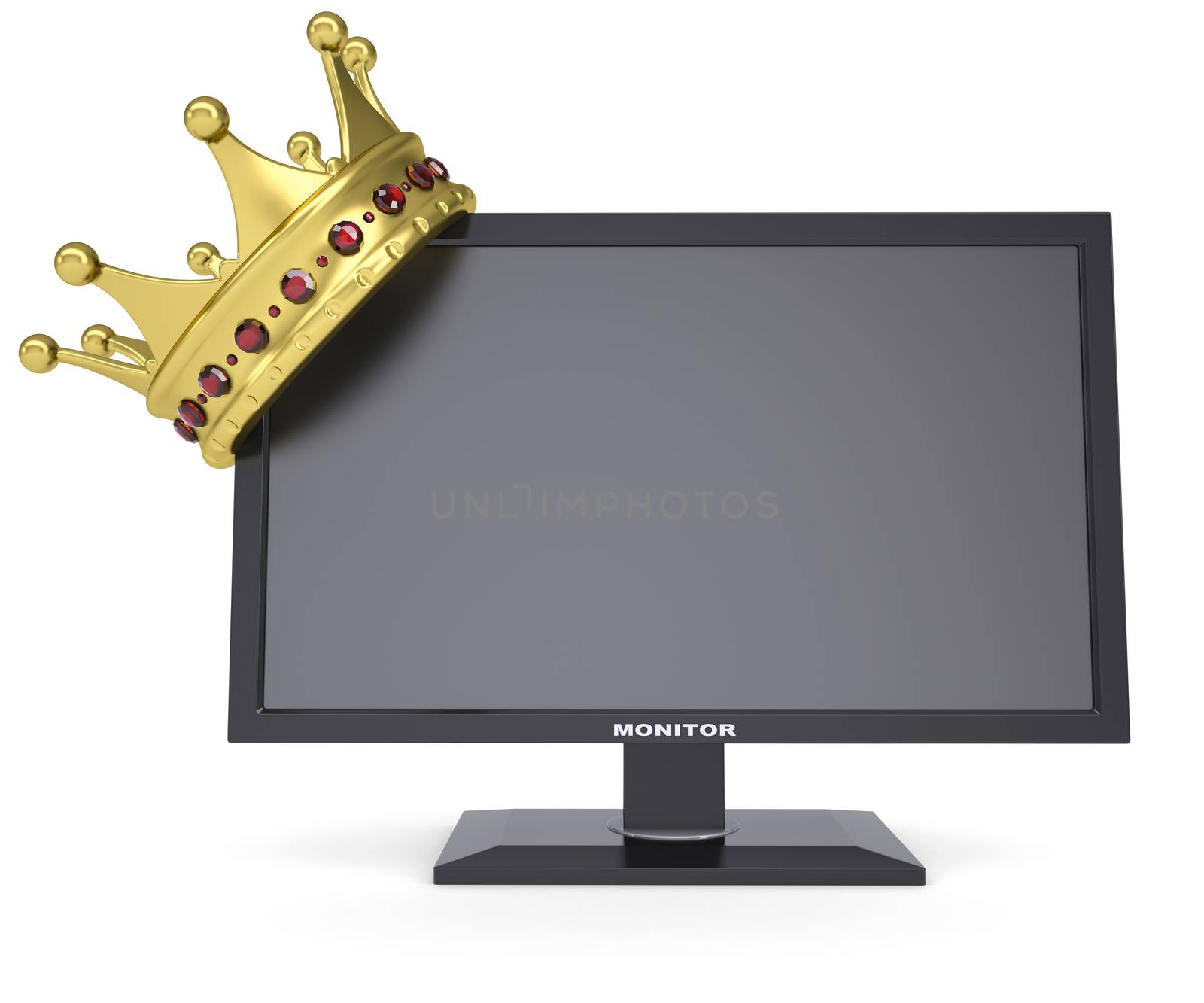 Black monitor and gold crown. Isolated render on a white background