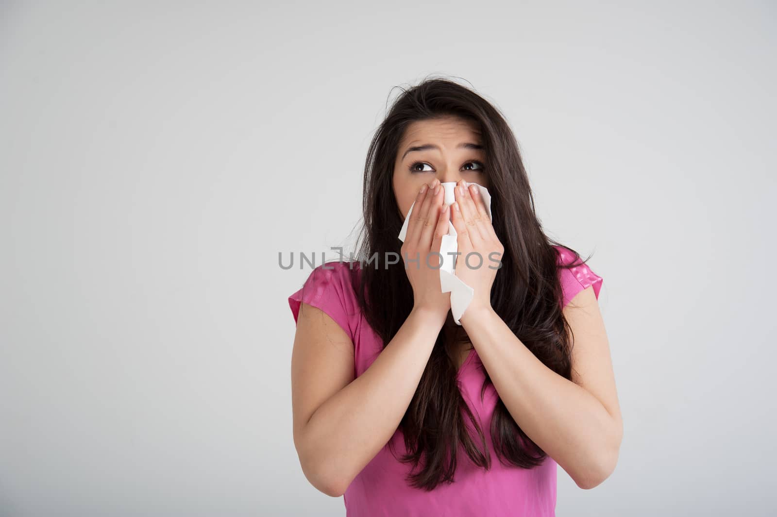 allergies, the common cold, flu-woman sneezes.