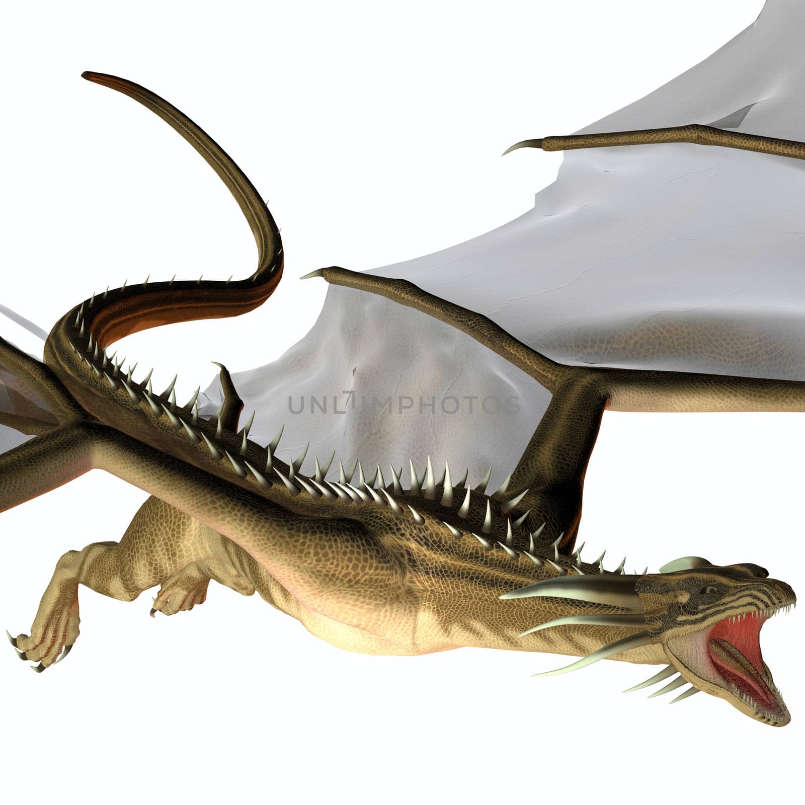 A creature of myth and fantasy the dragon is a fierce flying monster with horns and large teeth.