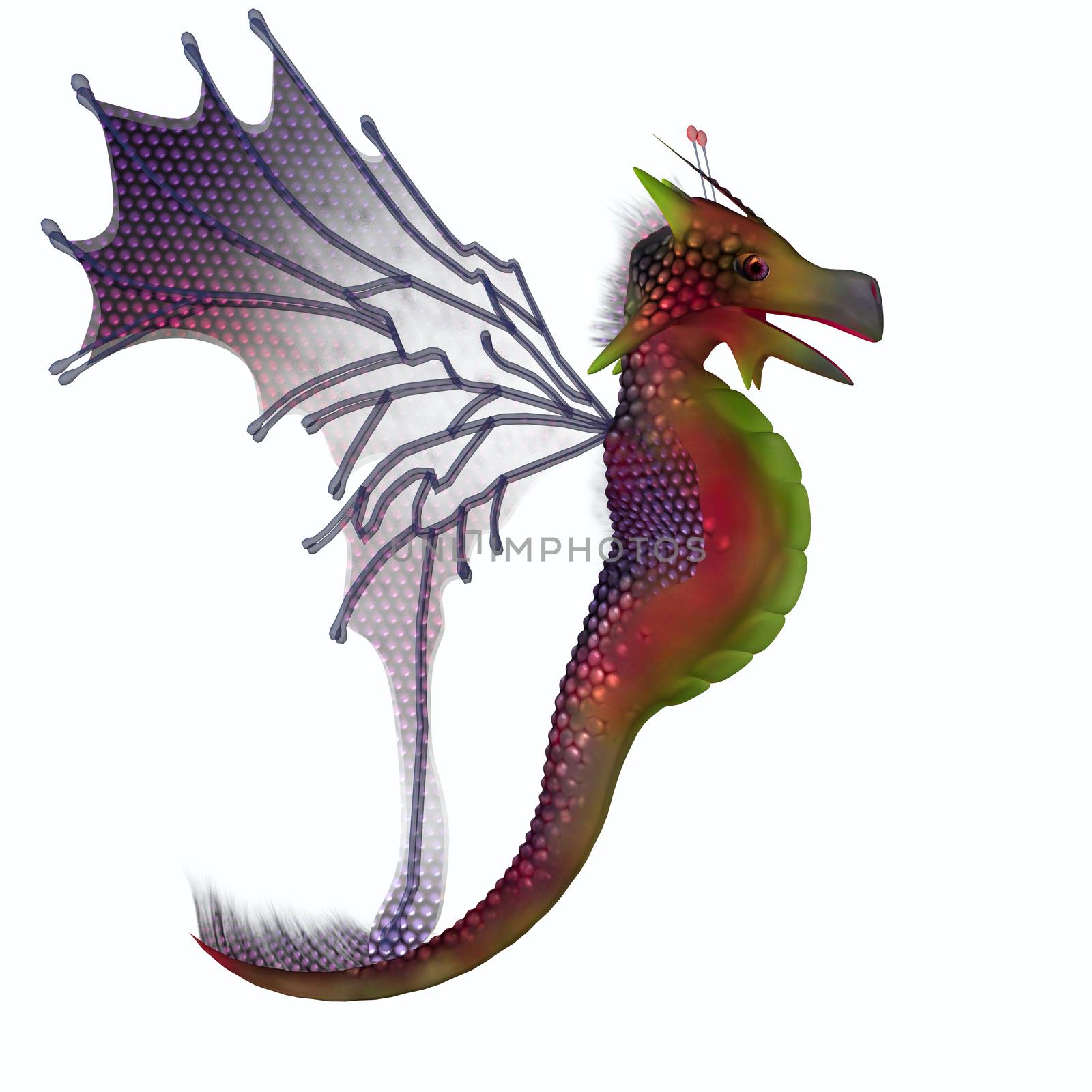 A creature of myth and fantasy the dragon is a friendly animal with horns and wings.