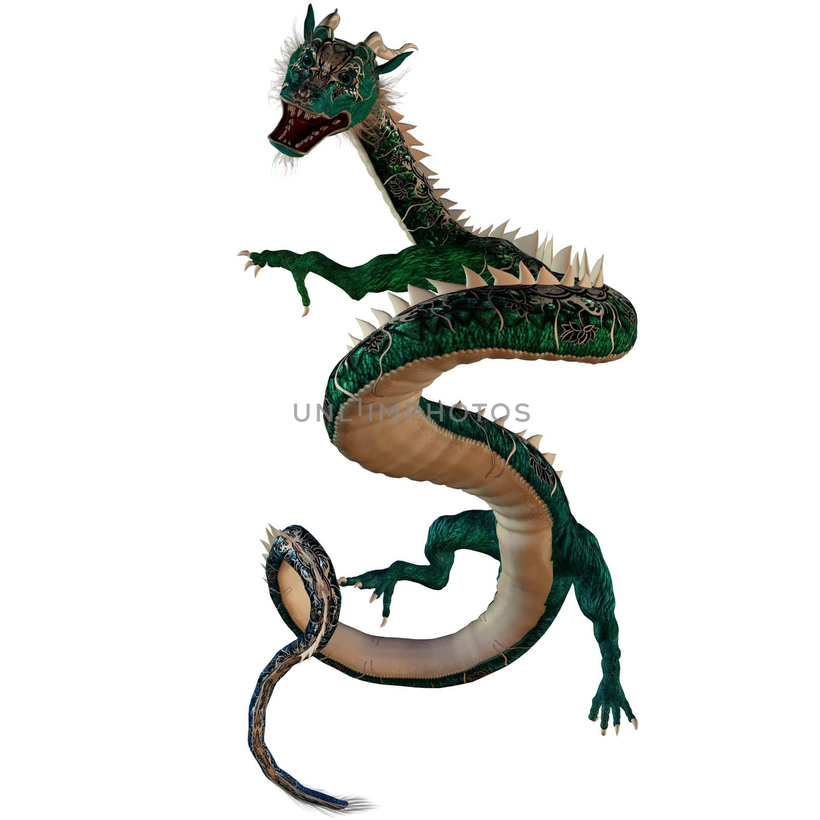 A creature of myth and fantasy the dragon is a fierce monster with horns and large teeth.