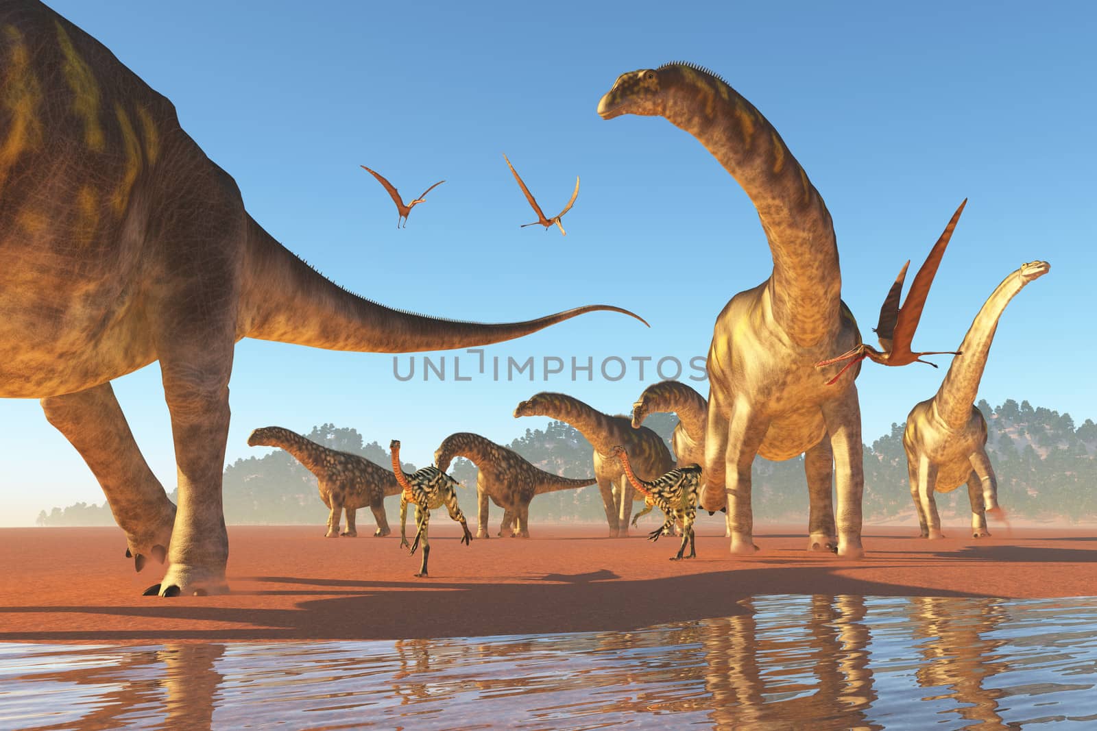Two Deinocherius move along with a herd of Agentinosaurus dinosaurs eating any insects and small animals that are stirred up.