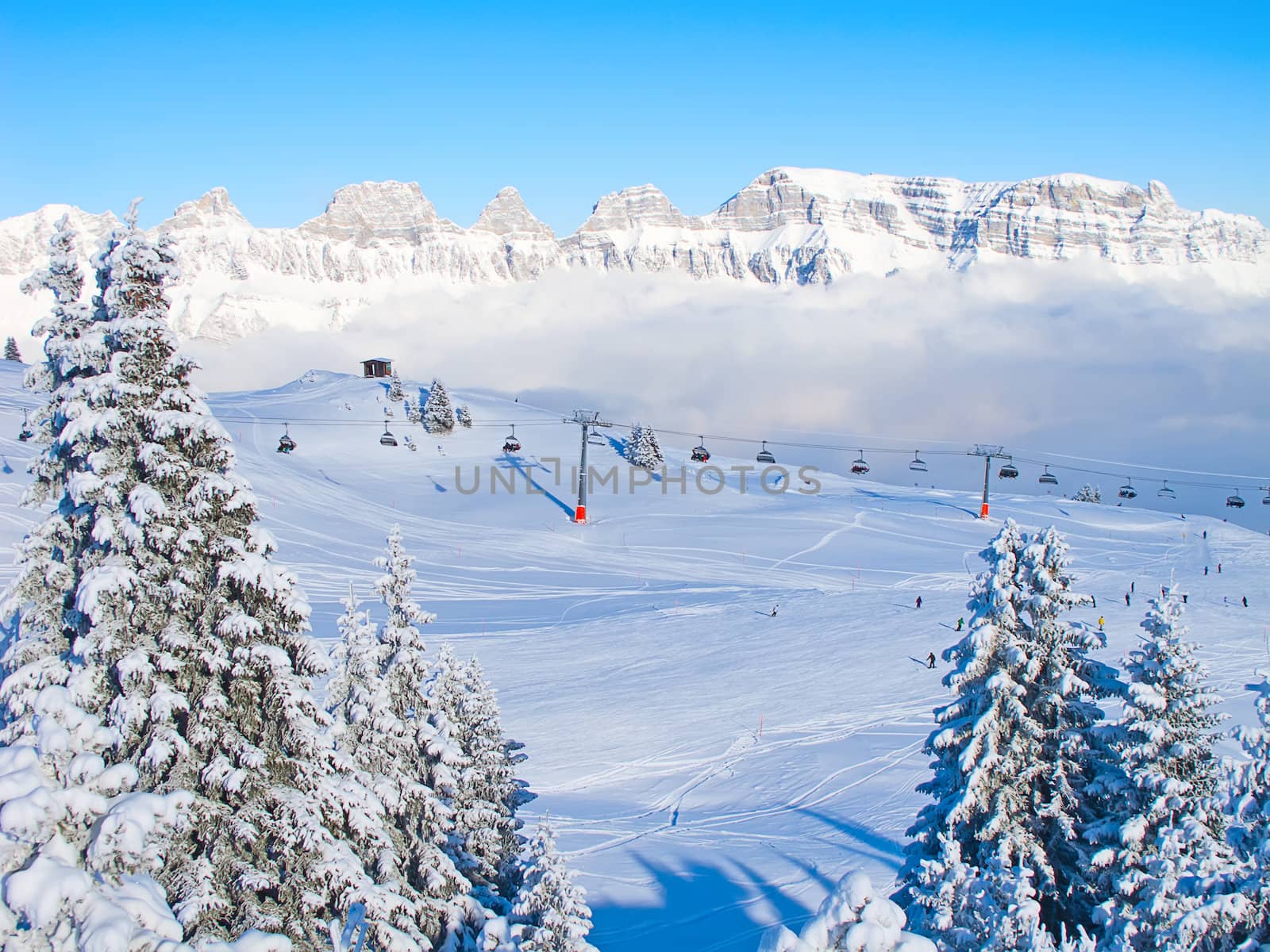 Slope on the skiing resort Flumserberg. Switzerland