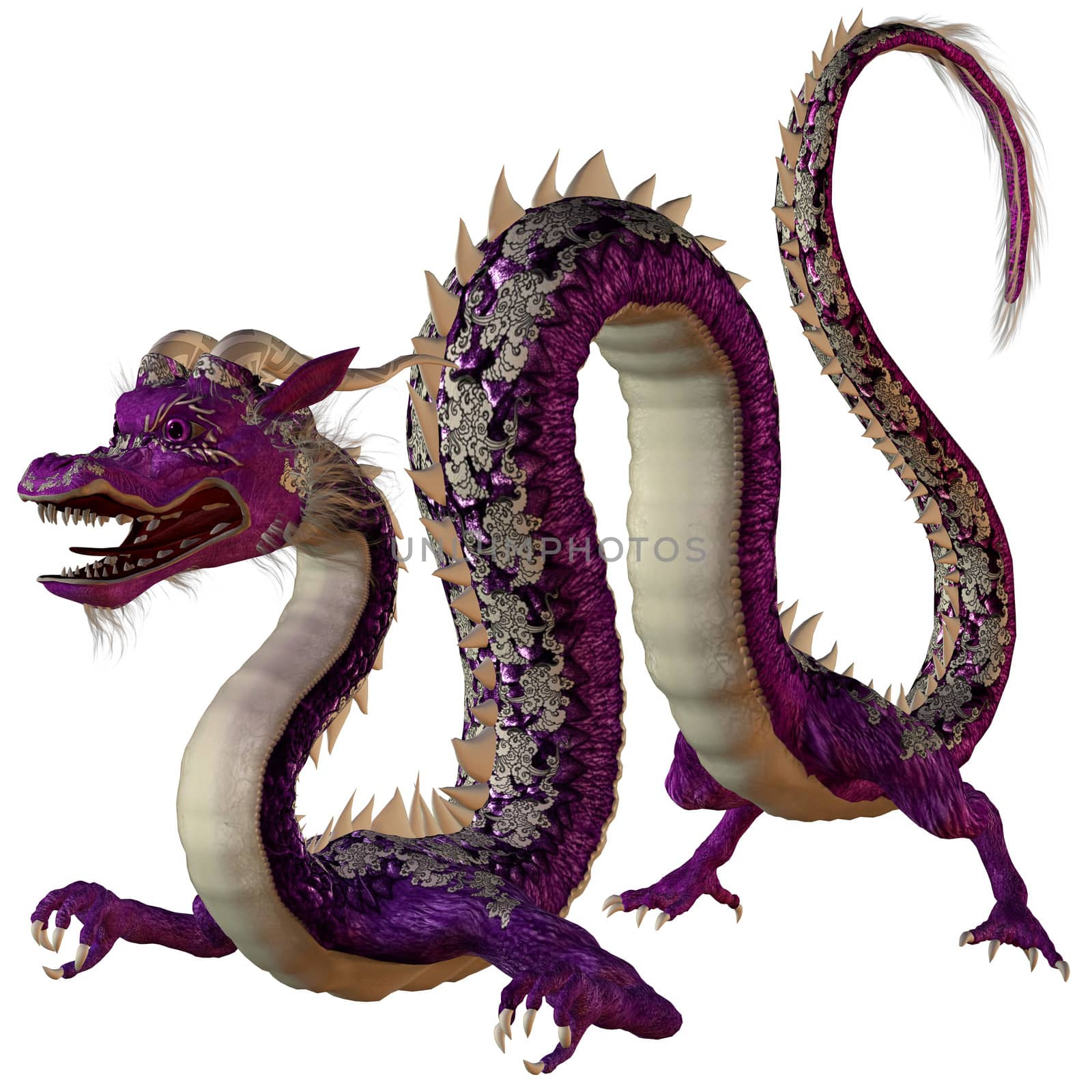 A creature of myth and fantasy the dragon is a fierce monster with horns and large teeth.