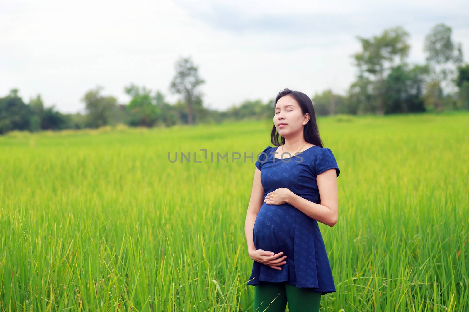 Pregnant woman on green meadow.