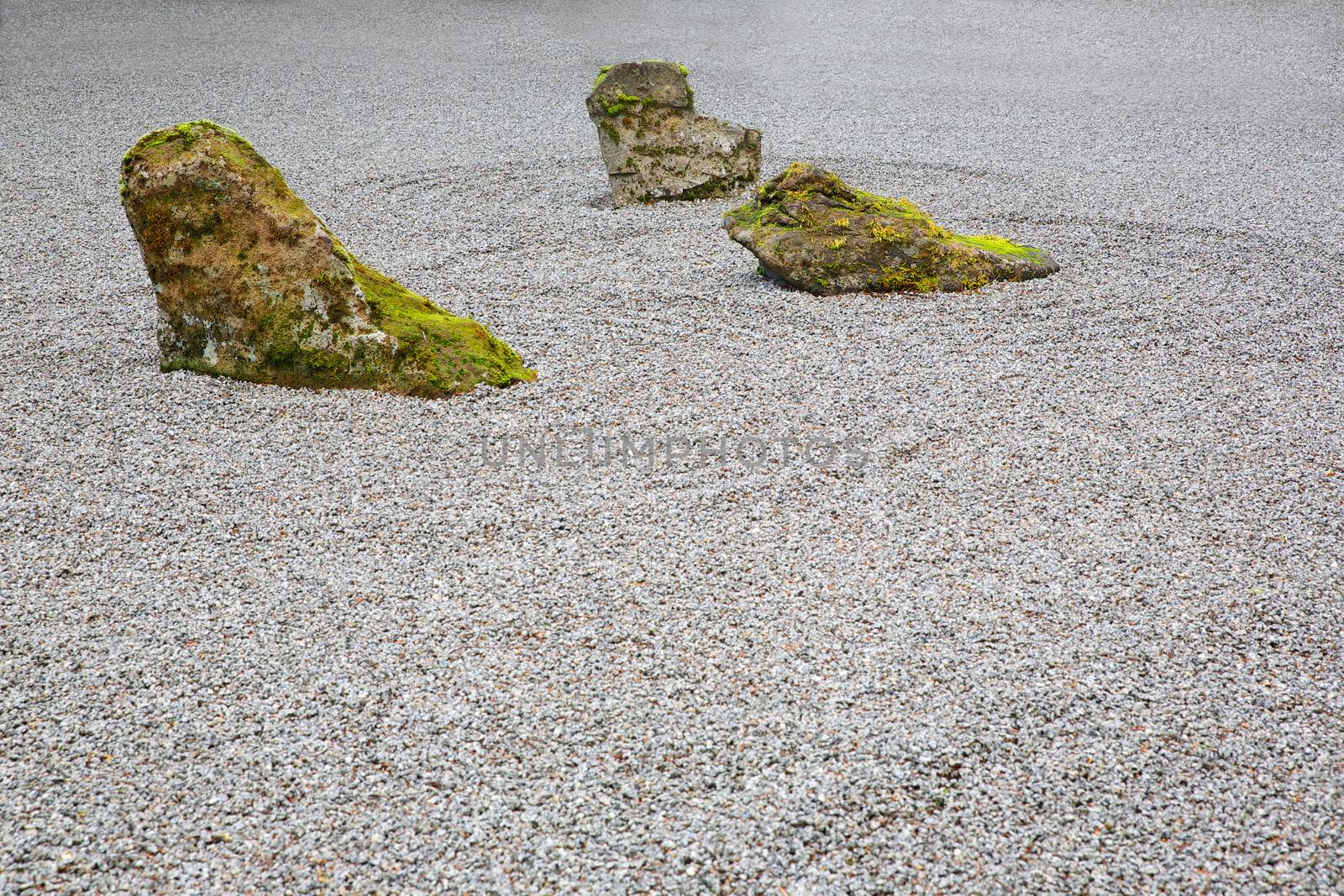 Moss covered Zen Rock Garden with three rocks