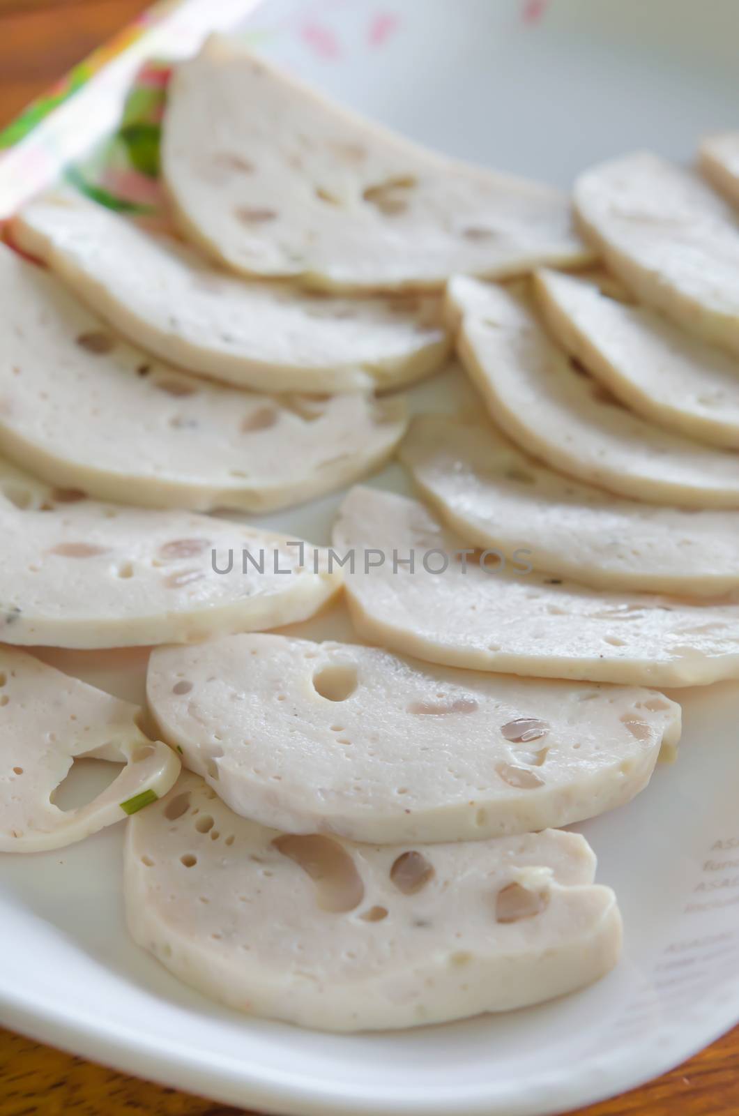 close up slices Vietnamese sausage , white pork sausage on dish