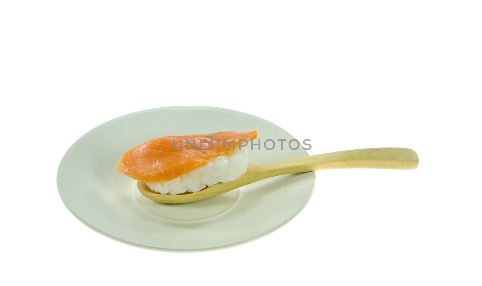 salmon sushi with wooden spoon on  plate on white background