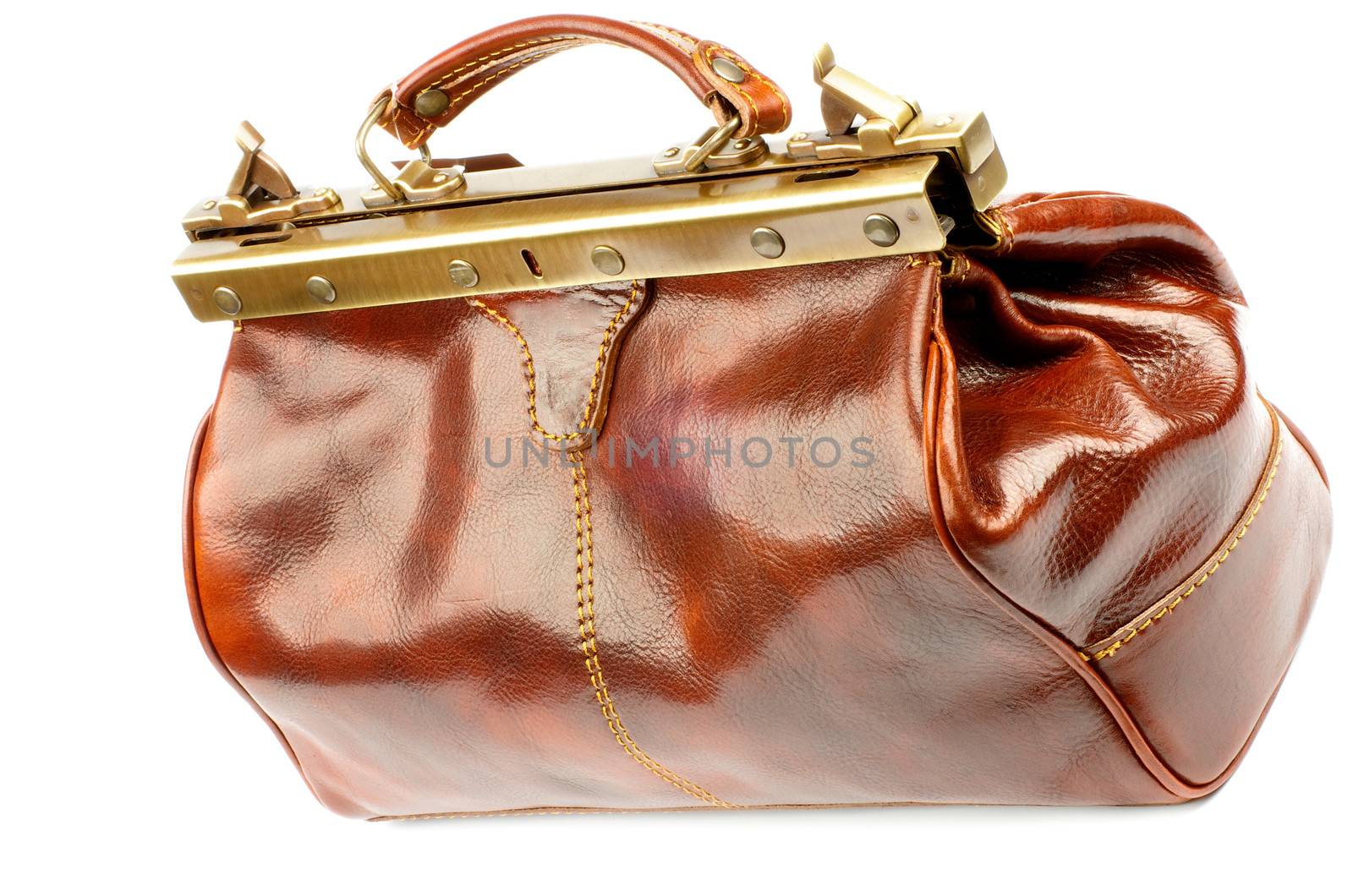 Ginger Expensive Leather Traveling Bag with Gold Details isolated on white background