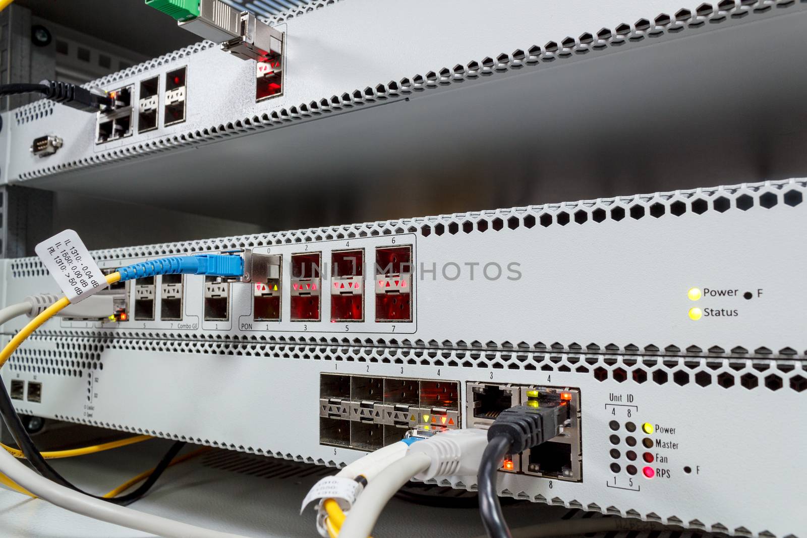 Passive Optical network, technology center with fiber optic equipment