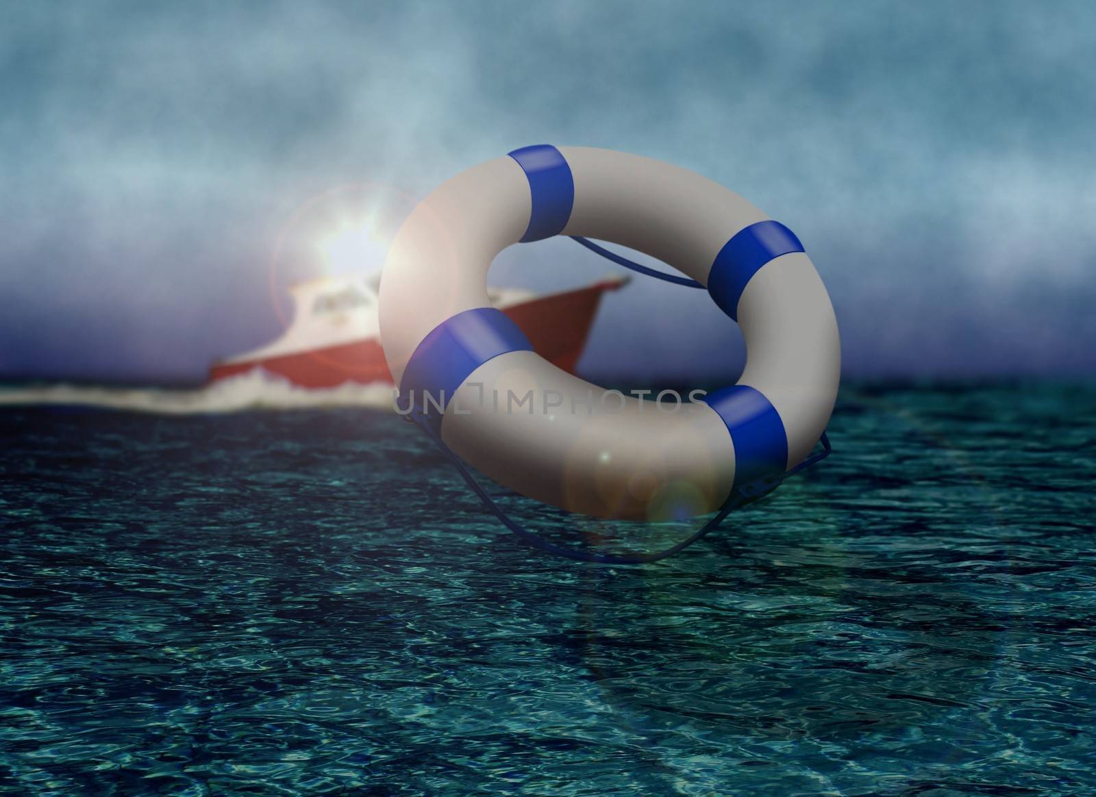 Rescue Boat and Life Buoy at Sea during Stormy Day