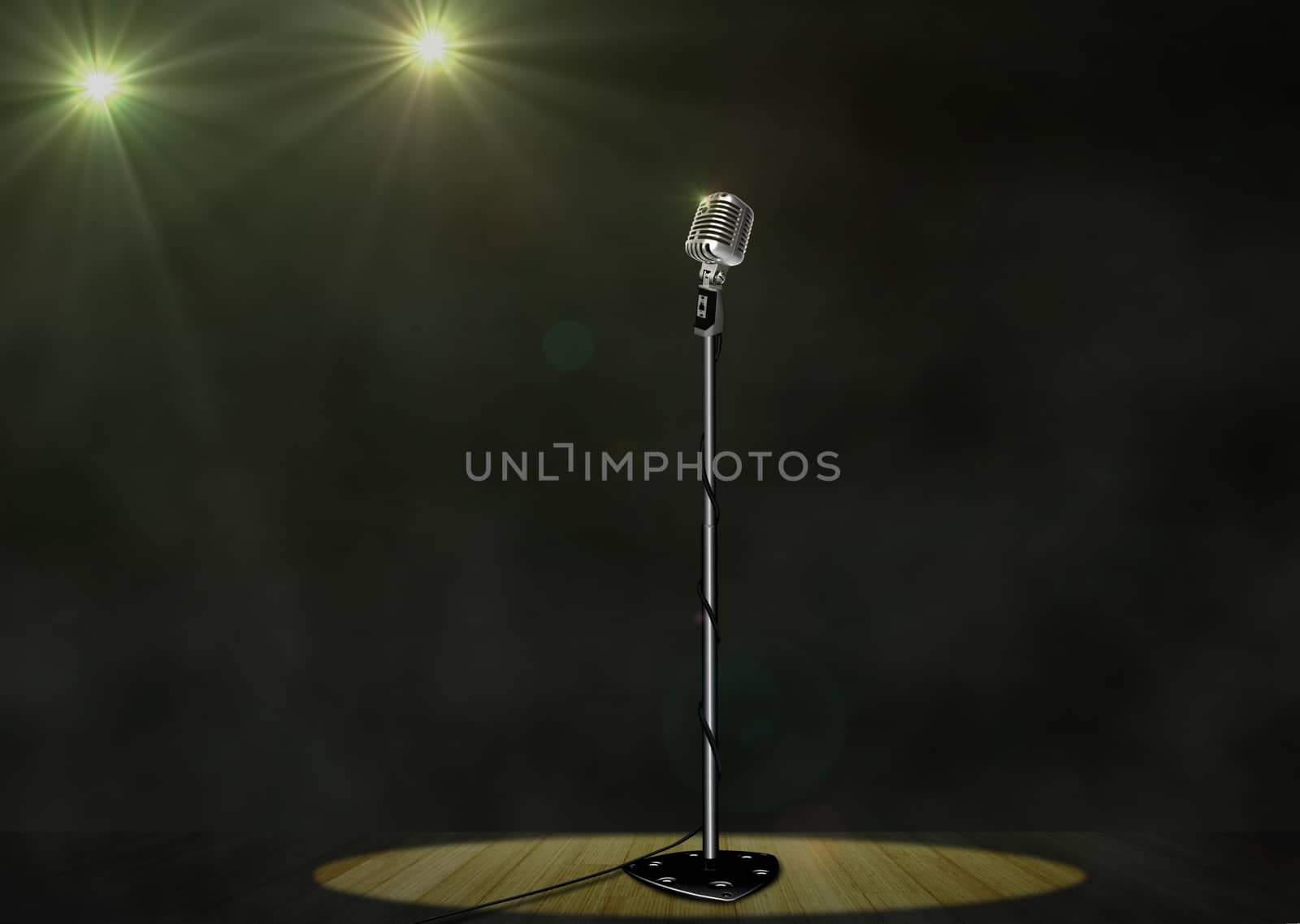 Vintage Microphone with Spotlights on Stage