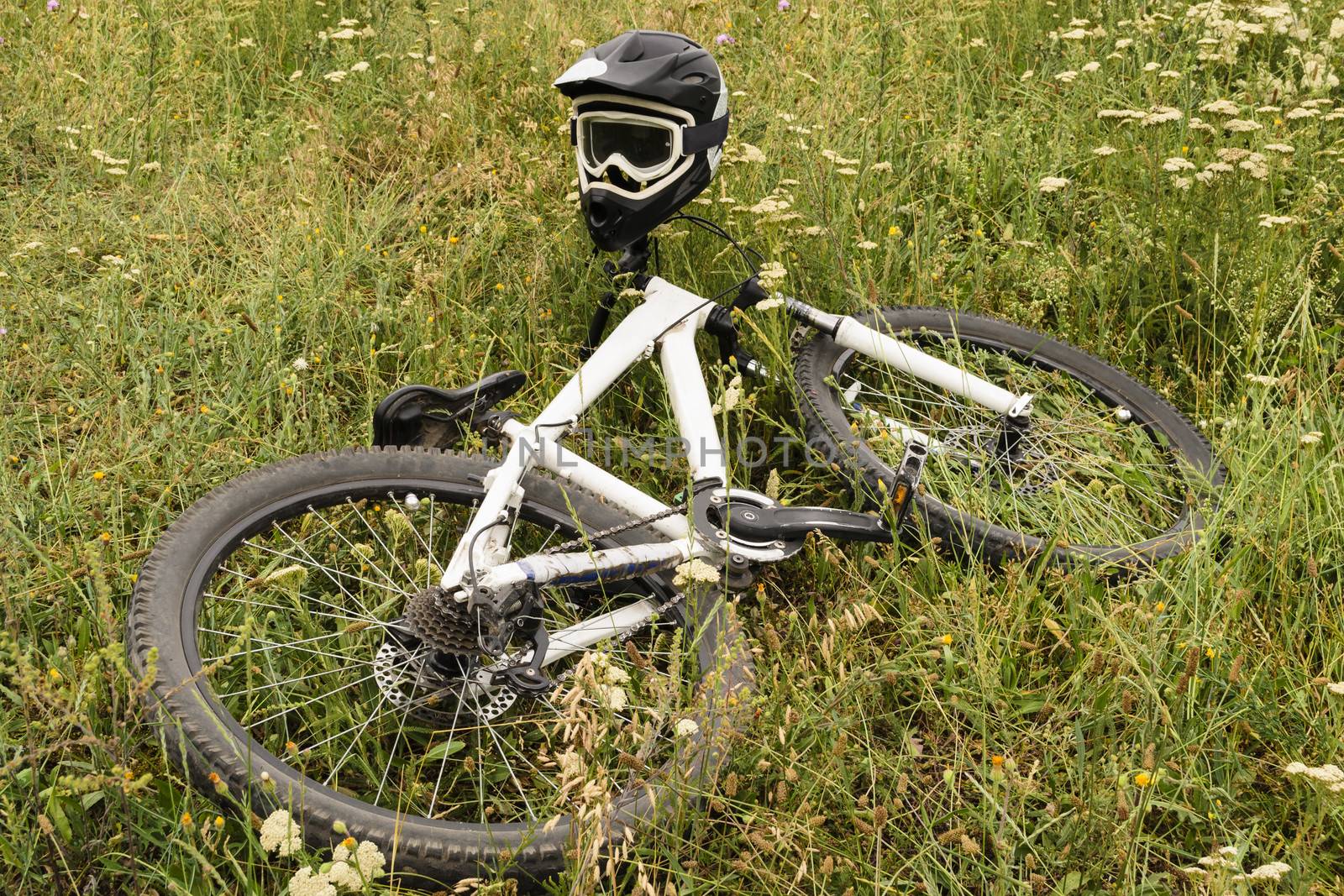 Racing bike and helmet in grass