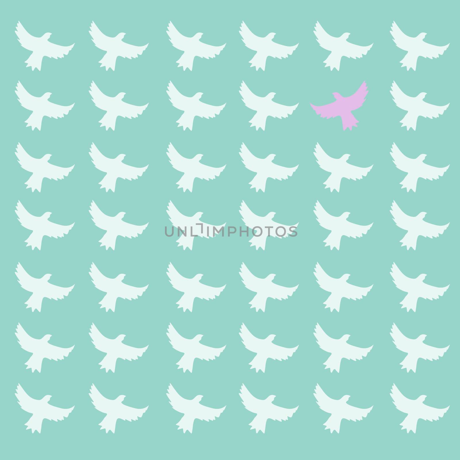 Pink bird differrent from the other, seamless pattern